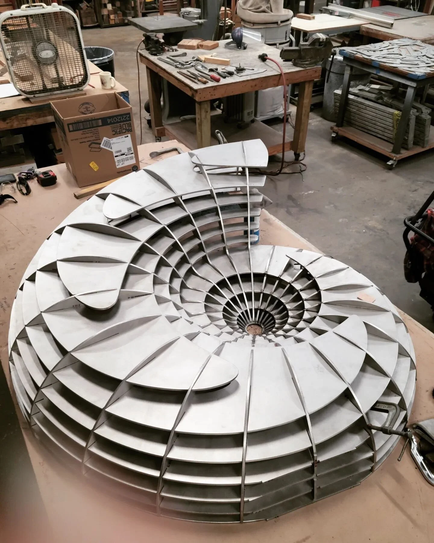 Tyler has been really working hard on this Nautilus shell! 🙌🏽

It is part of a collection of works that will be installed in Port Orange within the next couple months. The collection includes this 5-foot Nautilus, a 7-foot Monarch Butterfly, and a 