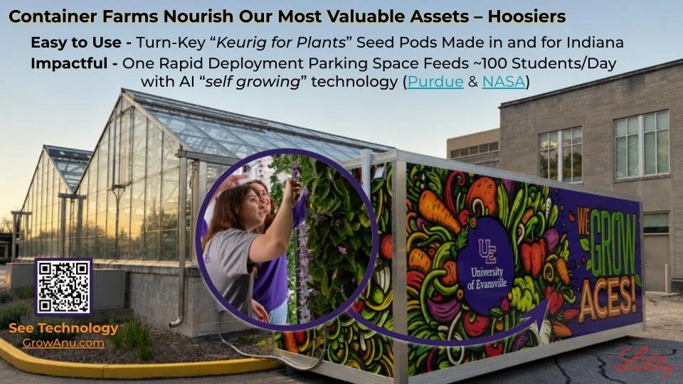 University of Evansville’s We Grow Aces! container farm, funded through Lilly Endowment’s Indiana Youth Programs on Campus, supports hands-on STEM and sustainability learning.