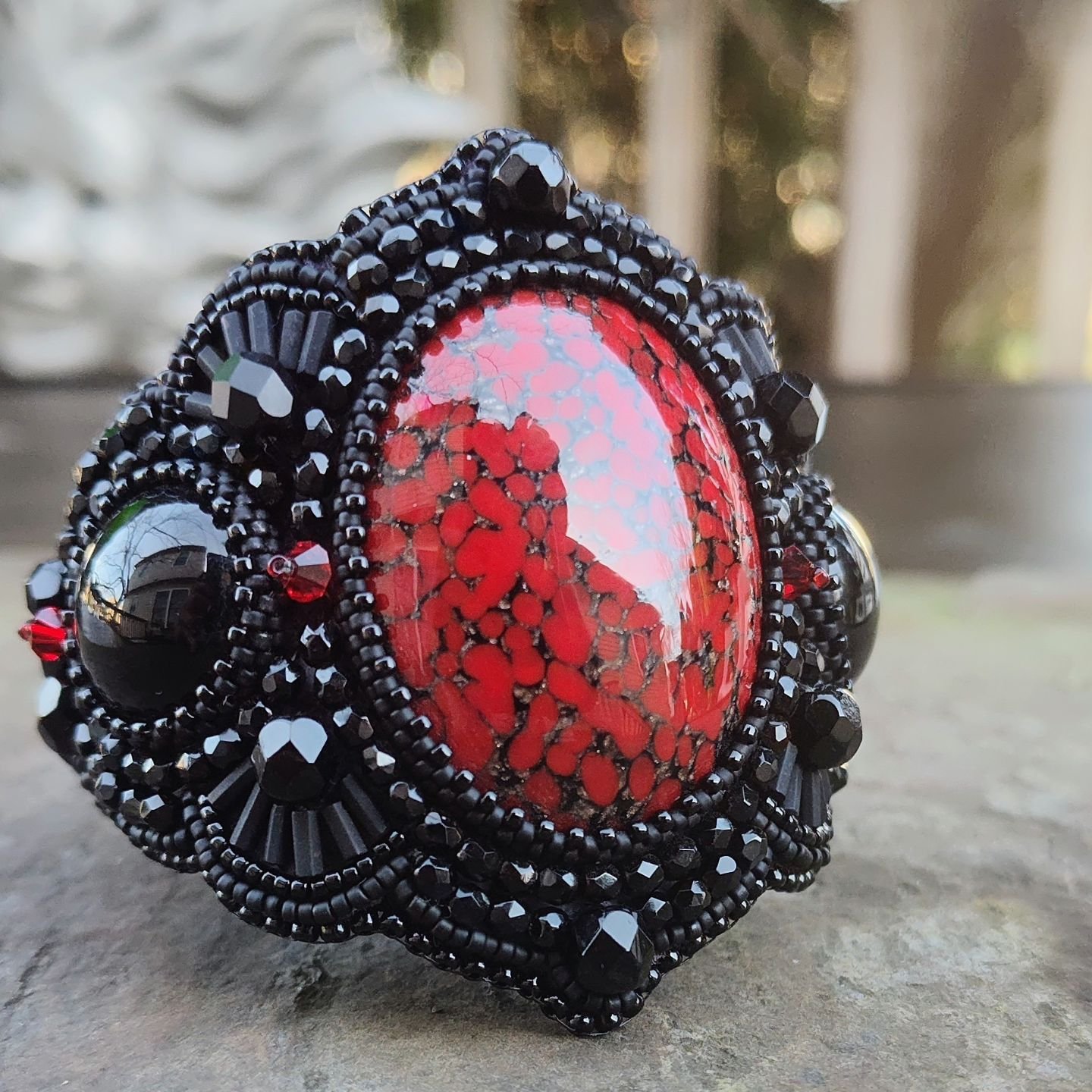 My first kit from @sherryserafini, purchased 2013! Black Widow Bracelet. 
.
#sherryserafini 
#beadjewelry 
#beadkit
#beadembroidery 
#blackwidow 
#beadedbracelet 
#adriennecantler 
#gothicstyle