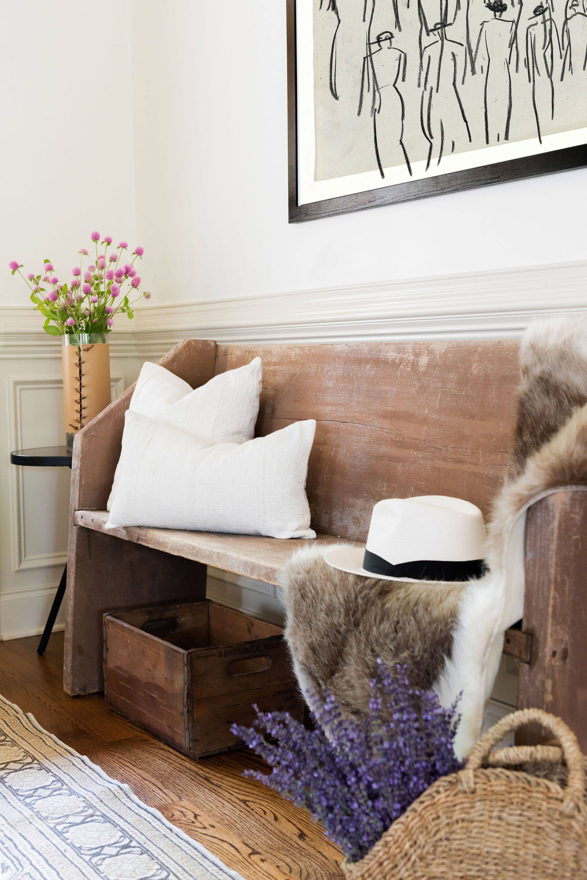 Modern organic foyer with vintage bench by Lauren DeBello Interiors