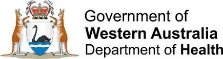 Logo of the Western Australia Department of Health with a coat of arms featuring a black swan, kangaroo, and emu.