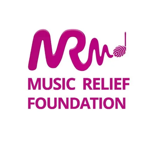 Logo of Music Relief Foundation featuring stylized purple 'MR' with a microphone graphic, and the foundation's name written below.