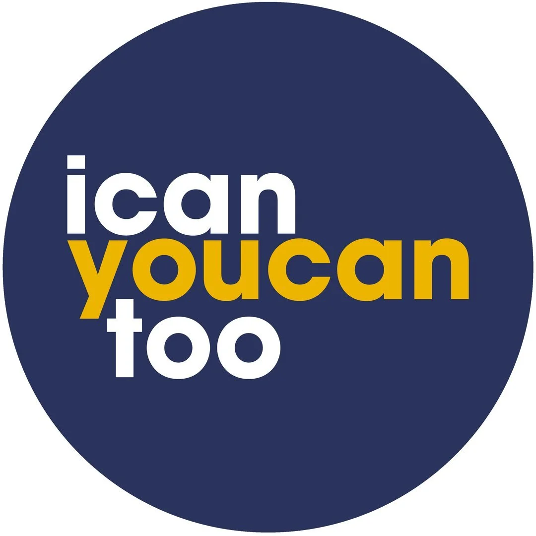 Circular graphic with dark blue background and text 'ican you can too' in white and yellow letters.