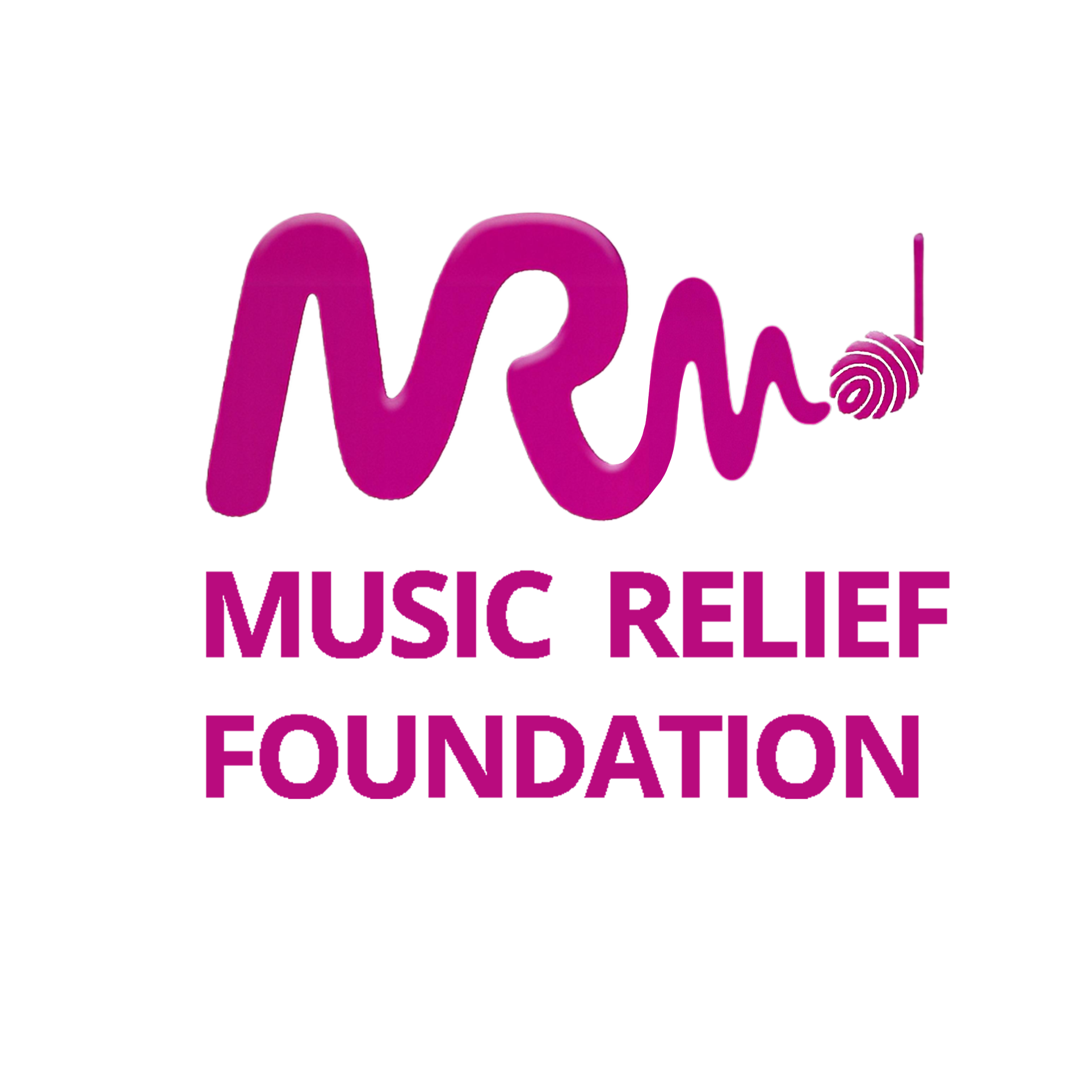 Logo of the Music Relief Foundation featuring the initials 'MRF' in pink with a heartbeat line and a vinyl record, with the foundation's name below in pink