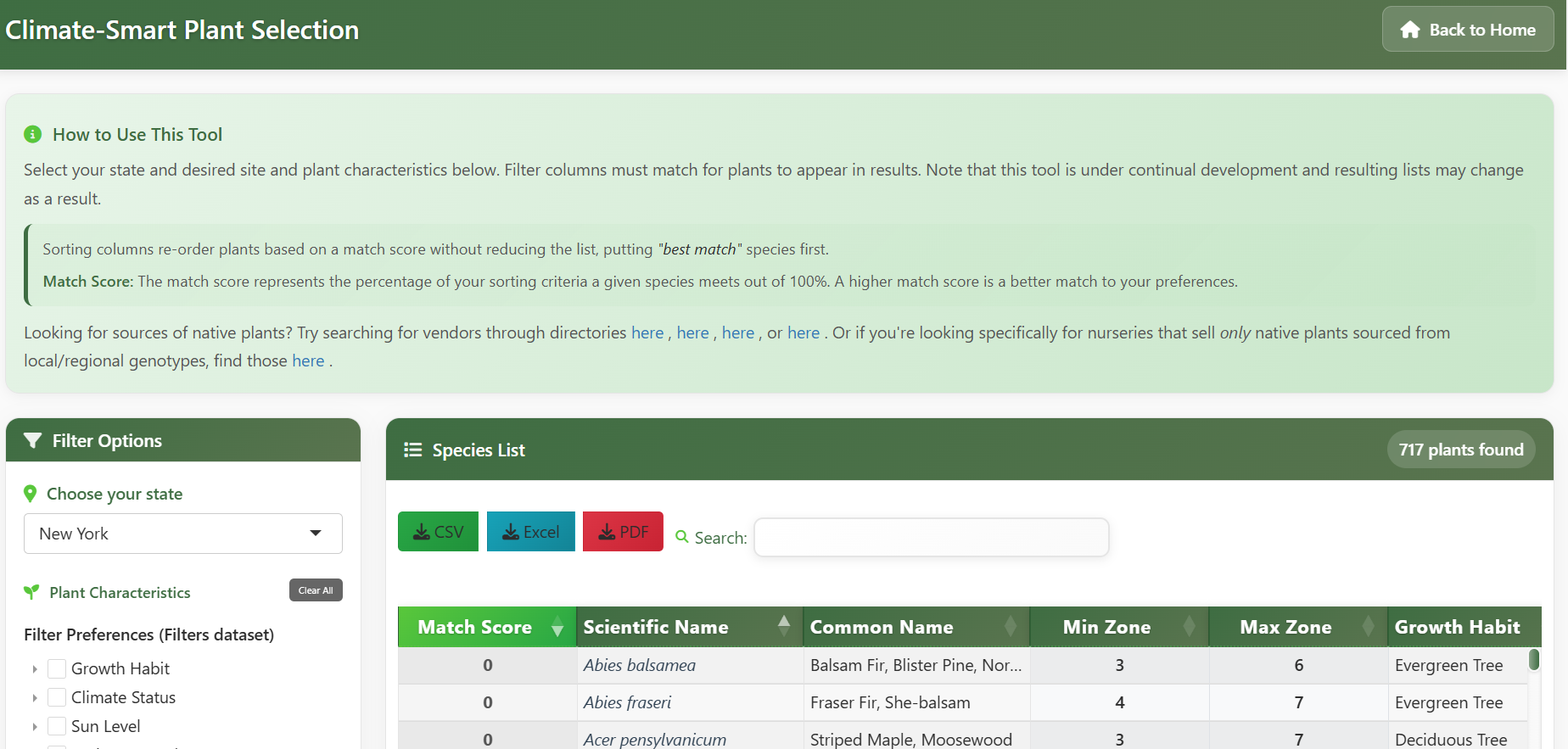 Climate smart native plant selection tool website