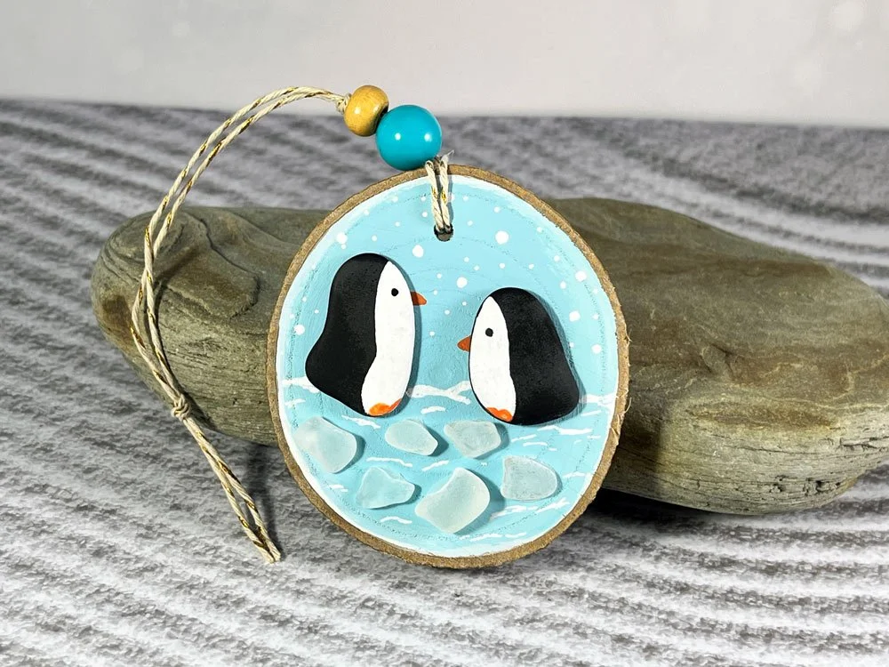 Beach Glass Wood Slice Ornament | Polar Bear with Fish — Teal Fish