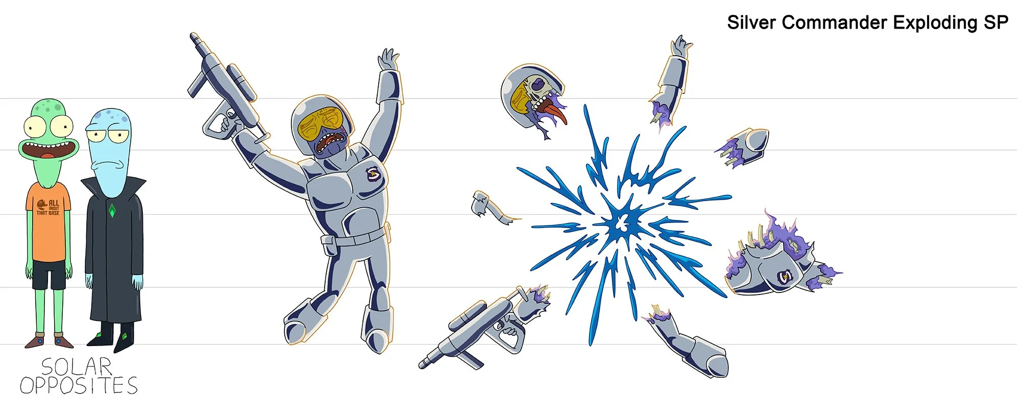   Solar Opposites   Silver Commander Exploding  Cleanup by  Joshua Barish  Colors by  Jackie Gorman  Hulu/20th Television Animation 