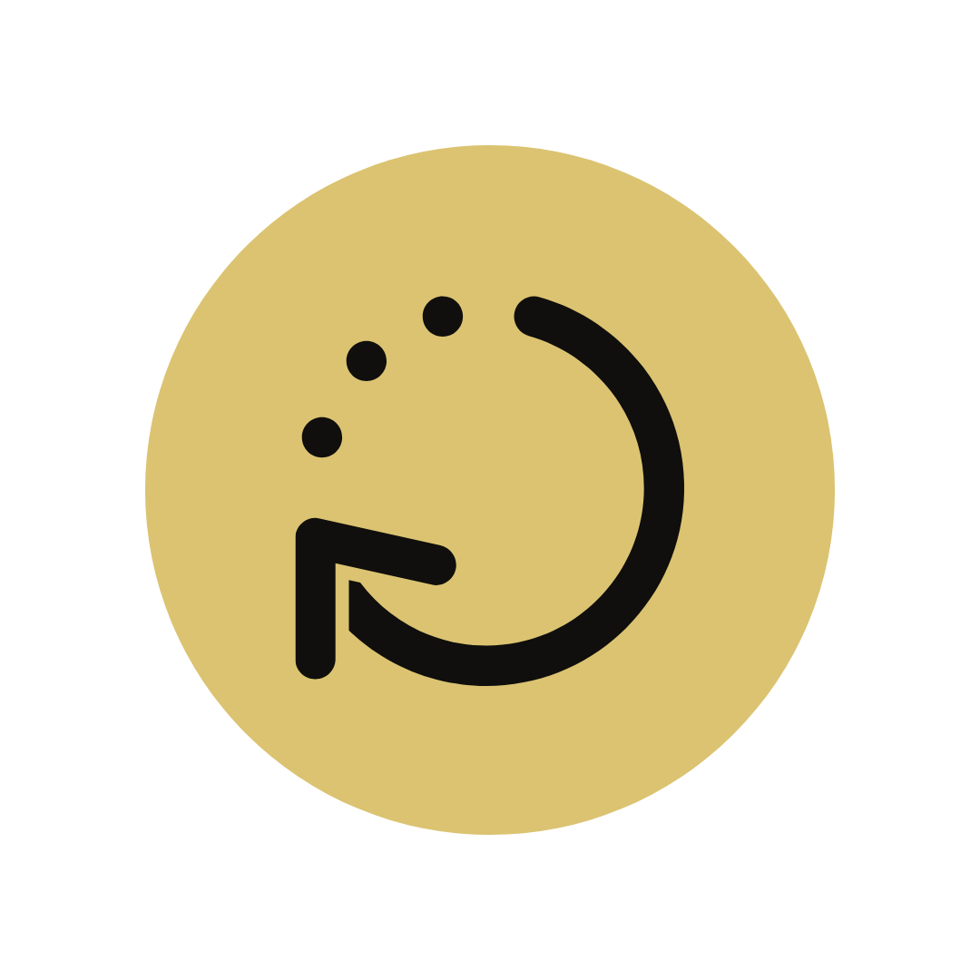 Gold Circle With Curved Black Arrow to the Left with 3 Black Circular Dots
