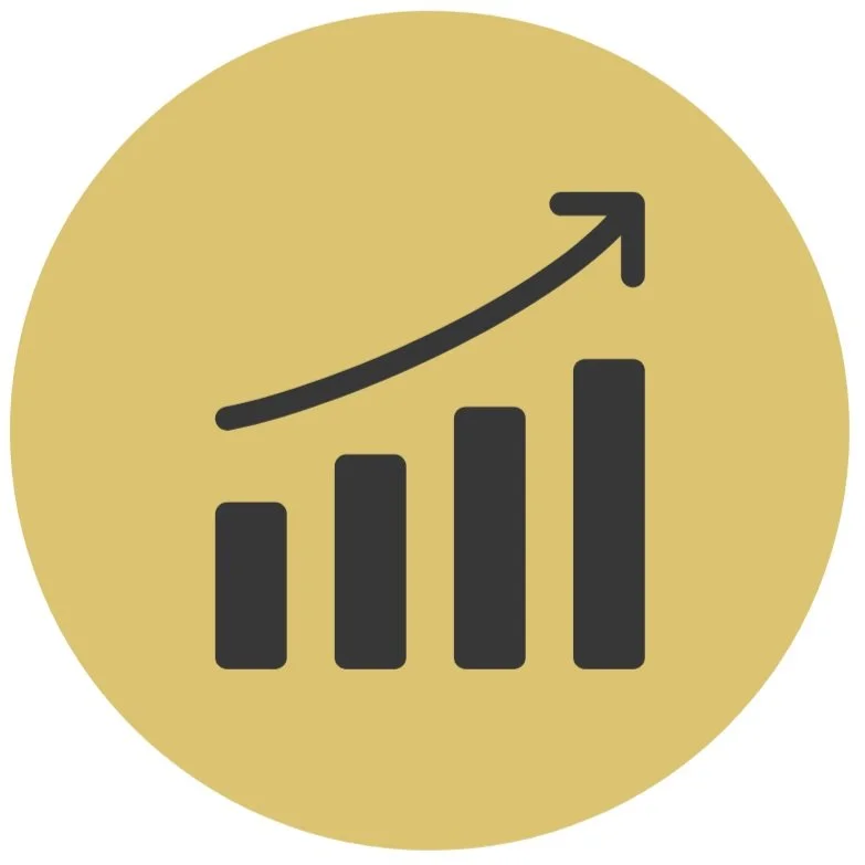 Gold circle with a black graph and arrow point towards the right
