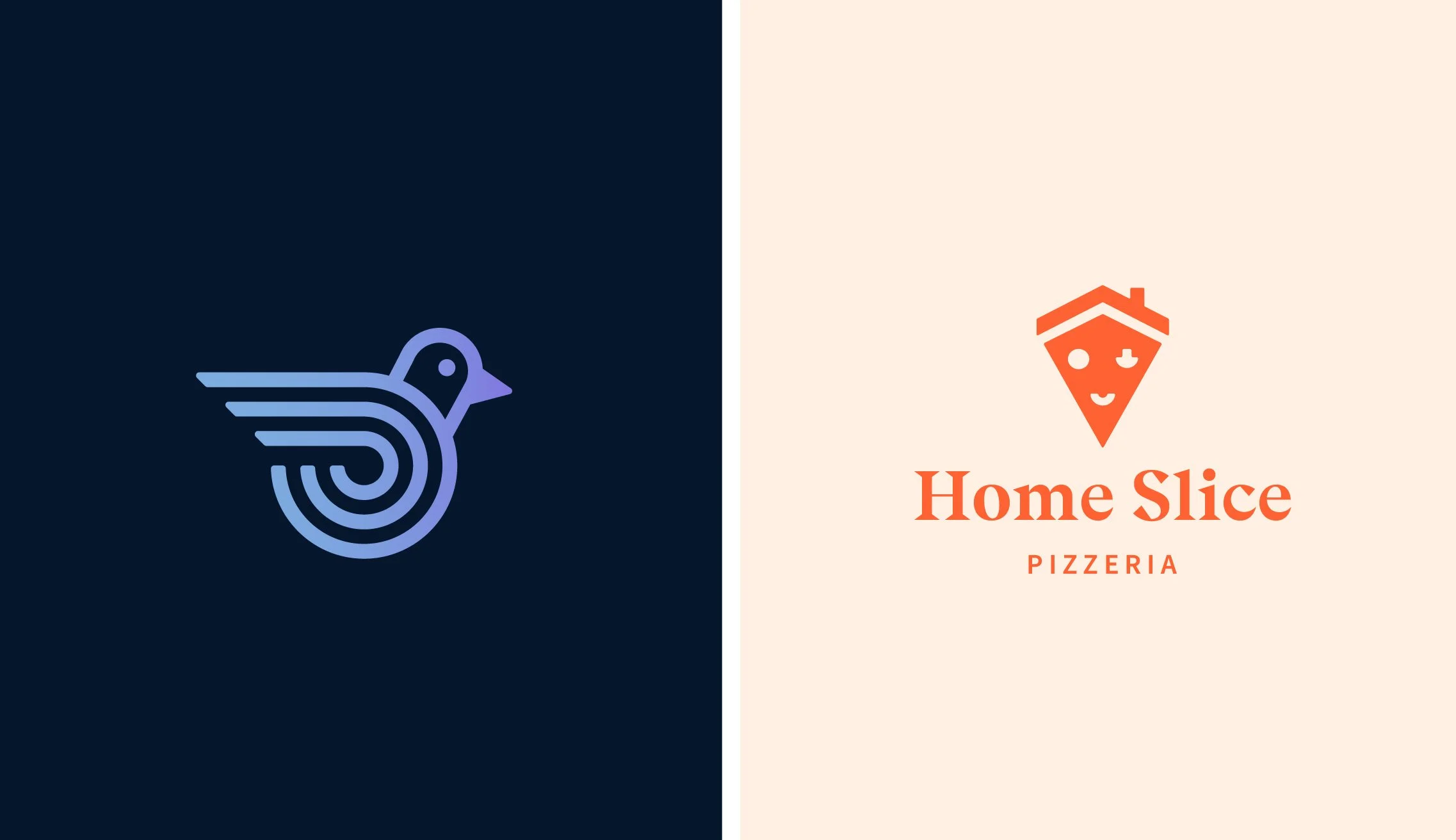 Bird logo: Concept for an internal data resource hub at Frito-Lay. Home slice: Concept for a logo update for a restaurant in Austin.