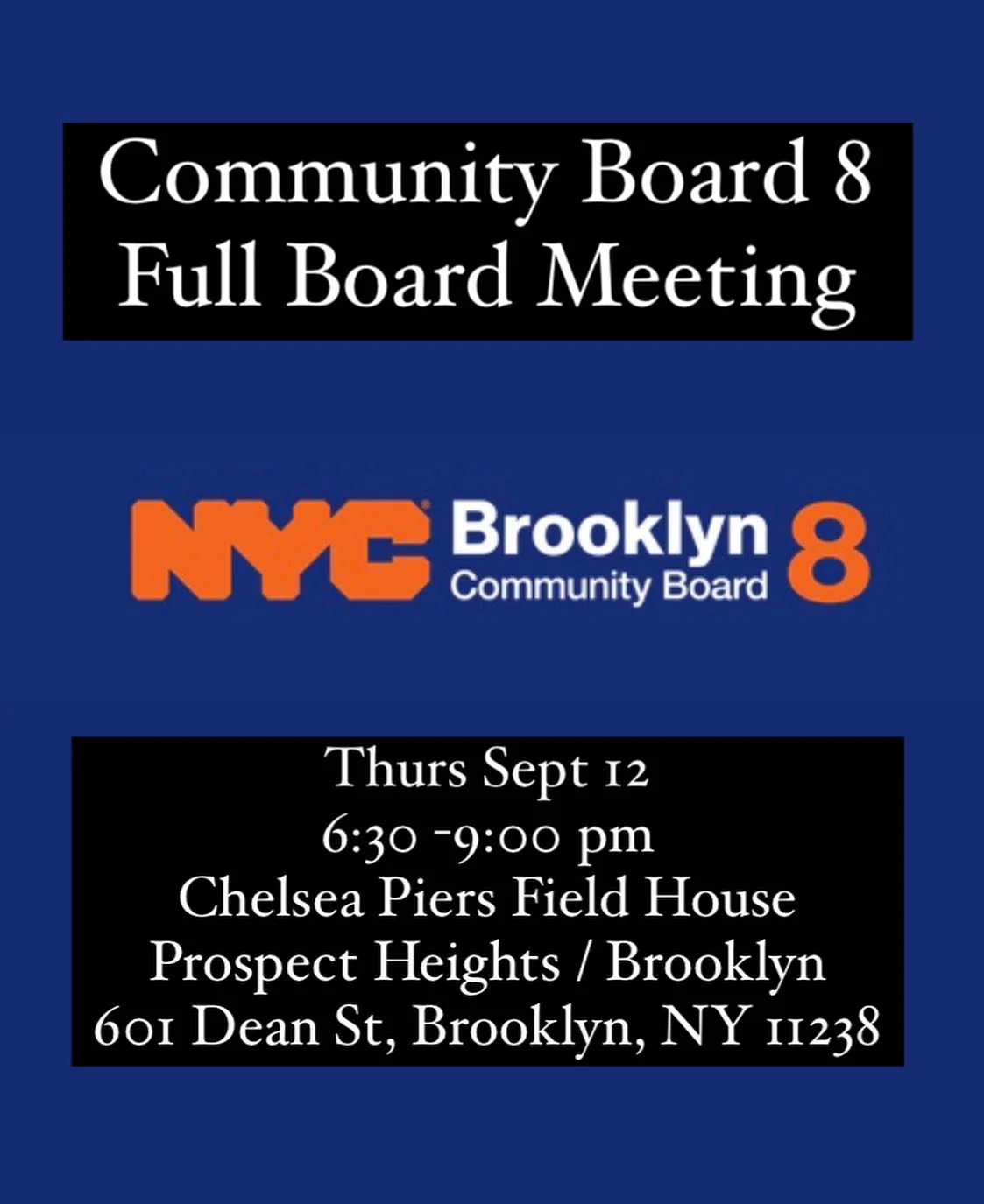 Join us this Thursday, September 12th at 6:30pm for Community Board 8&rsquo;s Full Board Meeting. 

These preliminary meetings matter!!!!!

The community board wants to know why YOU support the Brooklyn Skate Garden. If you have never had a chance to