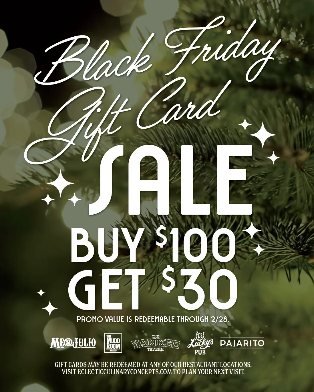 Set your alarms ⏰❗️This Black Friday we've got a flash SALE going on &ndash; buy $100 in gift cards, get $30 bonus bucks for FREE! Available for purchase in store or online 
 at eclecticculinaryconcepts.com/giftcards on Friday, November 28th only. 🎁