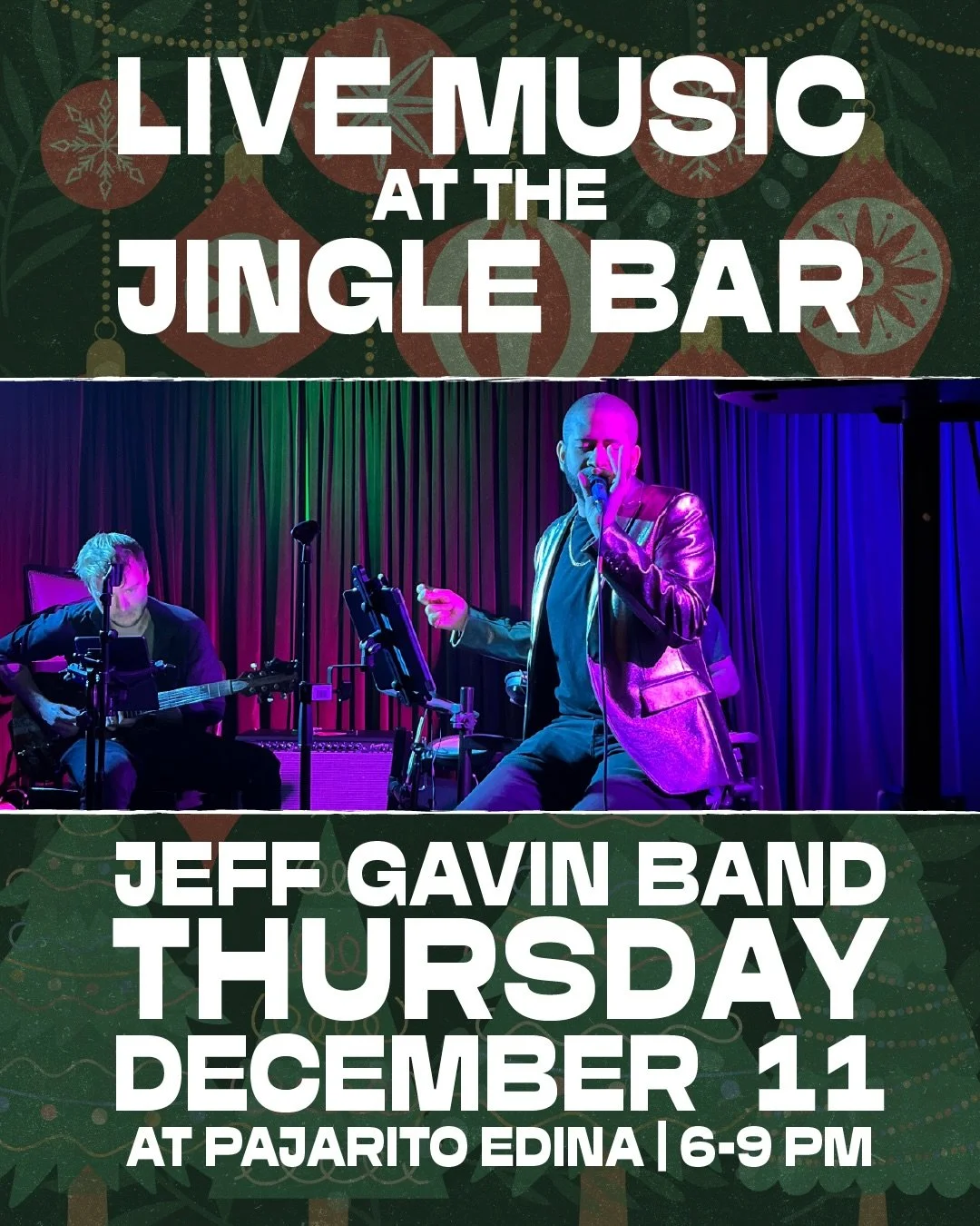 Get ready for our first full week of jingle bar fun in Edina 🥳 Open Thurs-Sat this week, with live music from @jeffgavinband on Thursday, December 11! We&rsquo;ll have our full menu, select drinks &amp; jingle bar specials available starting at 5 PM