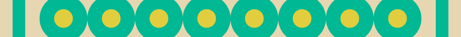 long horizontal bar with eight thick aqua rings filled with yellow in the middle