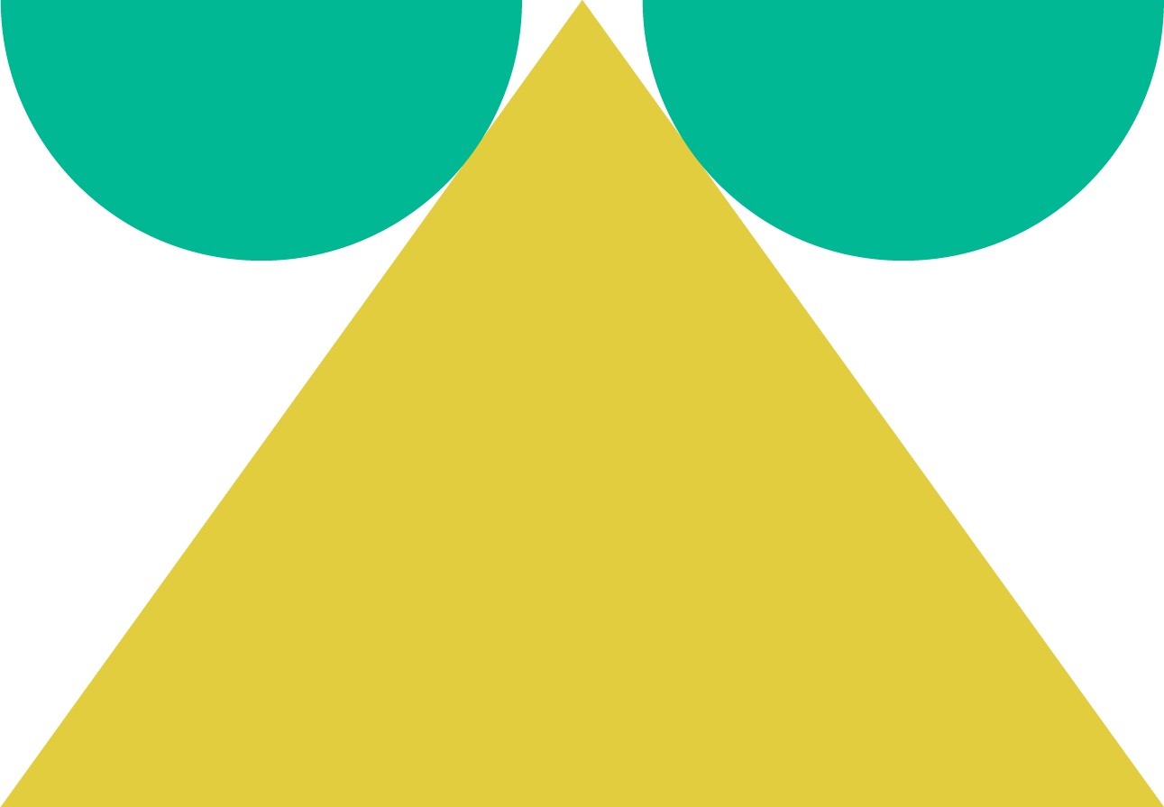 yellow triangle with two aqua half circles balancing on the top point