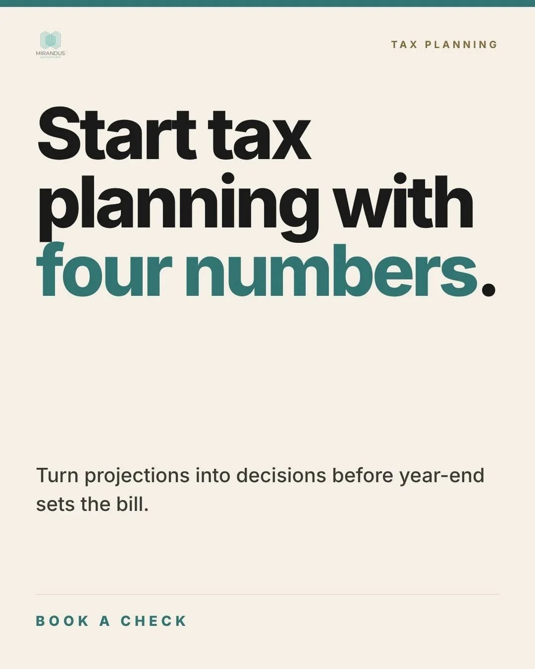 Tax planning is not guesswork. It is a quick review of where profit is heading and what levers you actually have.

Bring your year-to-date profit, last year&rsquo;s accounts, expected income and costs for the rest of the year, and any planned purchas
