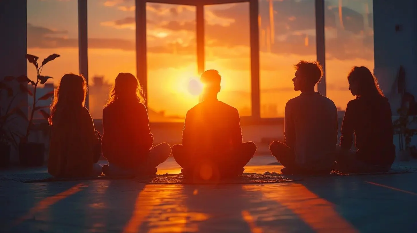 Five people sitting cross-legged on the floor, facing a large window with sunlight shining through during sunset, creating silhouettes.