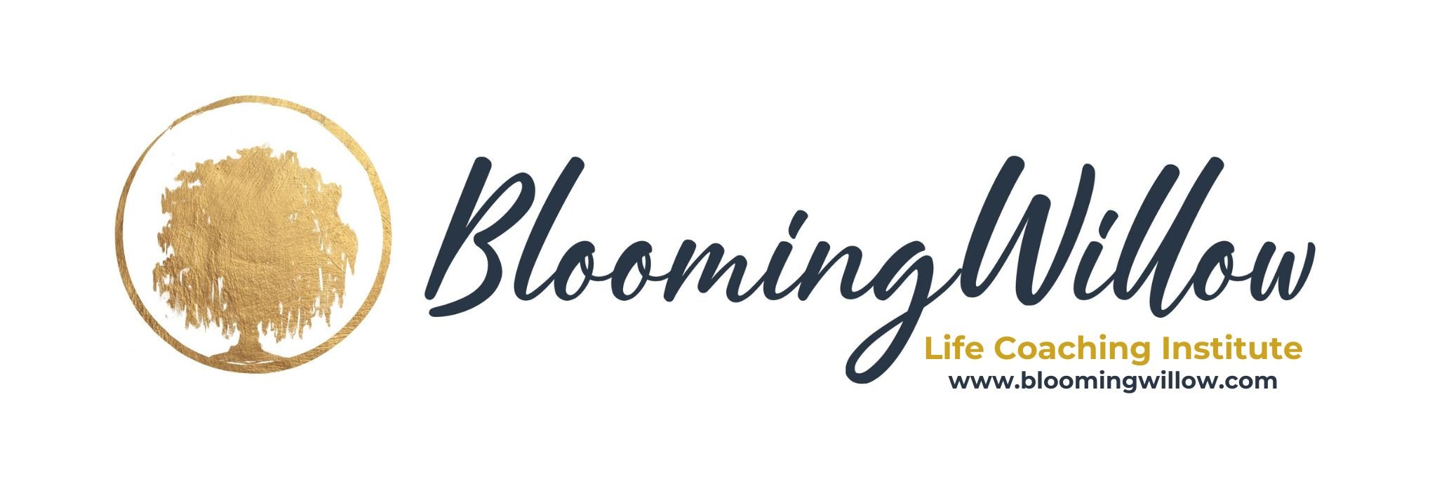 Logo for Blooming Willow Life Coaching Institute, featuring a gold tree inside a gold circle and the text 'Blooming Willow' in dark script with 'Life Coaching Institute' and website URL in smaller text.