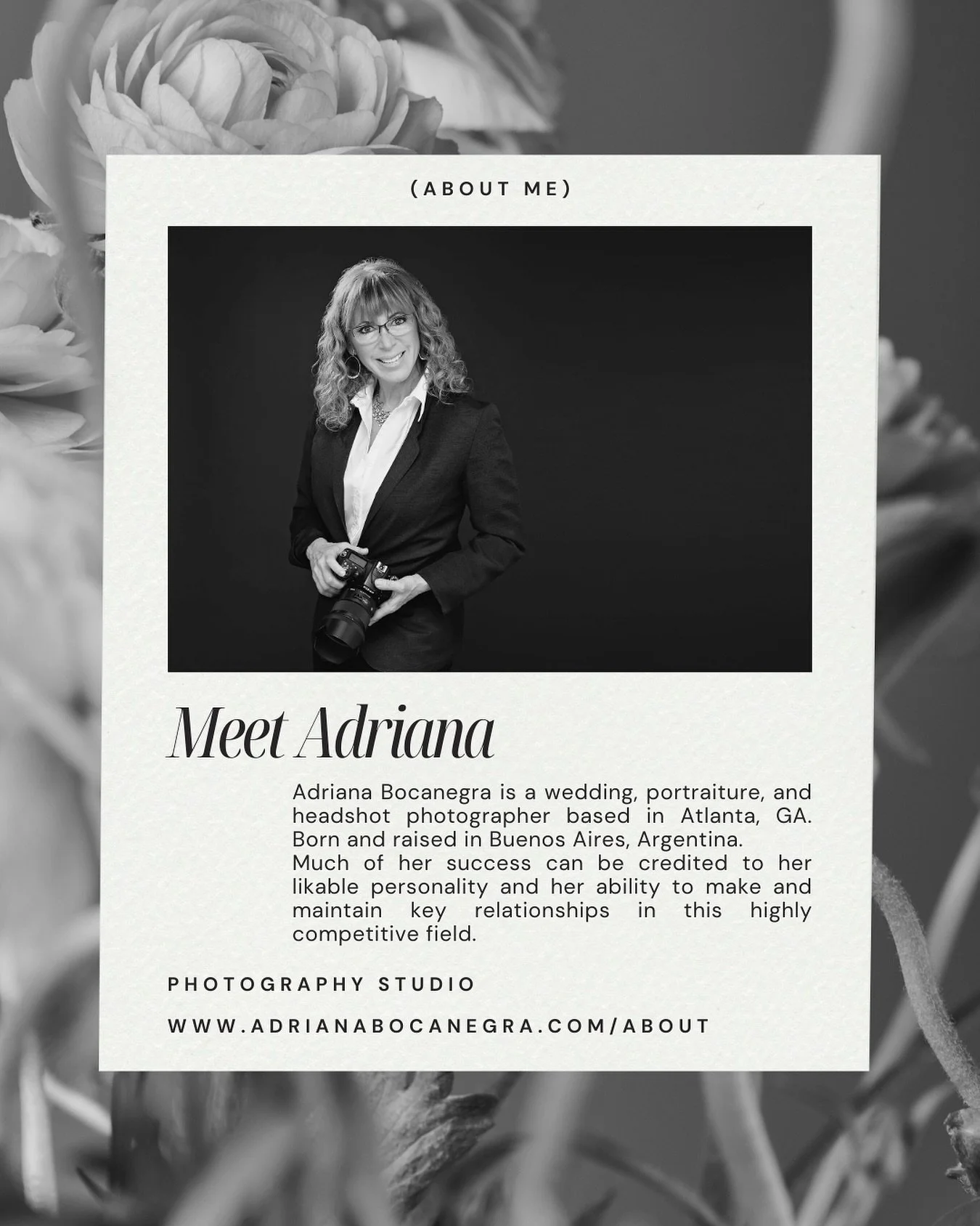 Meet Adriana

Adriana Bocanegra is a wedding, portraiture, and headshot photographer based in Atlanta, GA. Born and raised in Buenos Aires, Argentina.
Much of her success can be credited to her likable personality and her ability to make and maintain