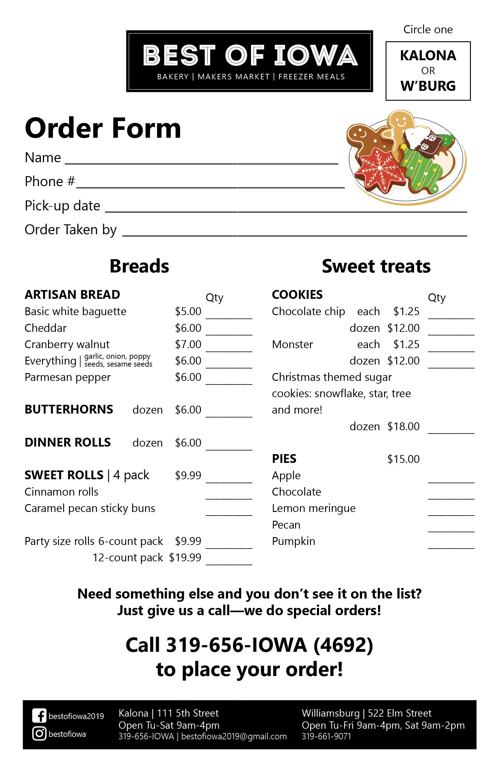 Best of Iowa bakery order form for Christmas and New Years holiday menu.