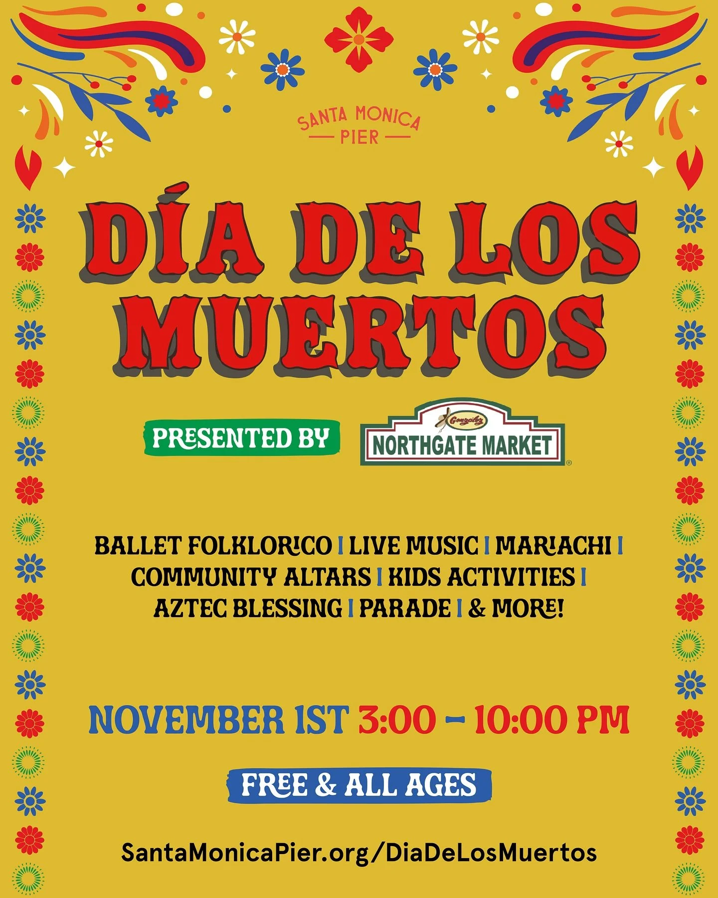 Día de los Muertos at the Pier 🌹
✨ Sat, Nov 1 | 3–10PM | Free & All Ages ✨
Experience a night of remembrance and color with:
• A community blessing & procession
• Live Mariachi and Ballet Folklórico
• Suga