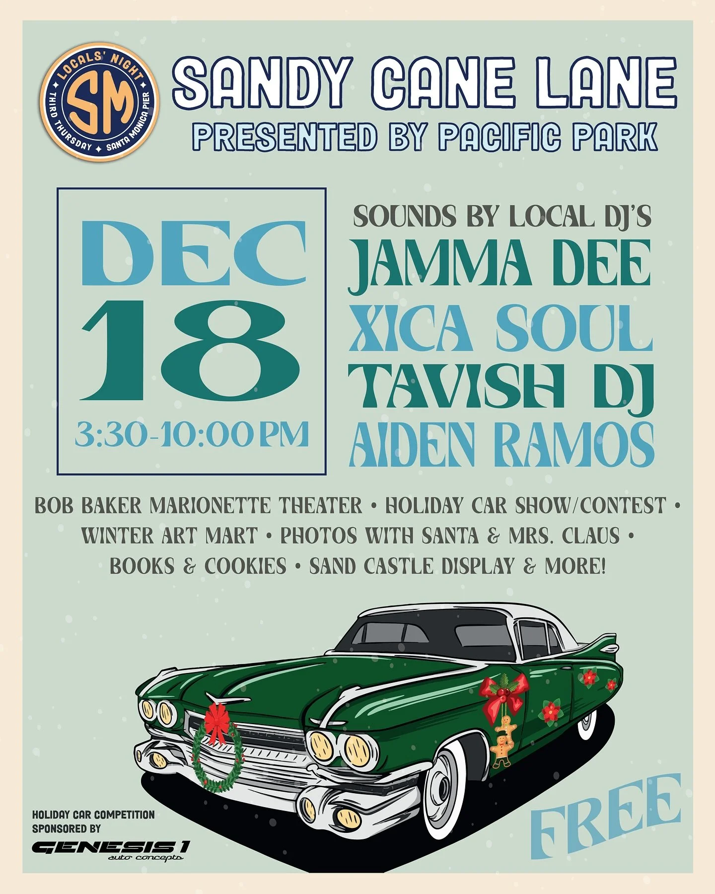 🎄🚗🎶 Sandy Cane Lane is THE move on December 18th! 

From 3:30-10pm, we&rsquo;ve got live sets from local DJs, a holiday car show + competition, pics with Santa and Mrs. Claus, a Winter Art Mart, @bobbakermarionettes, sand castle display, and more.