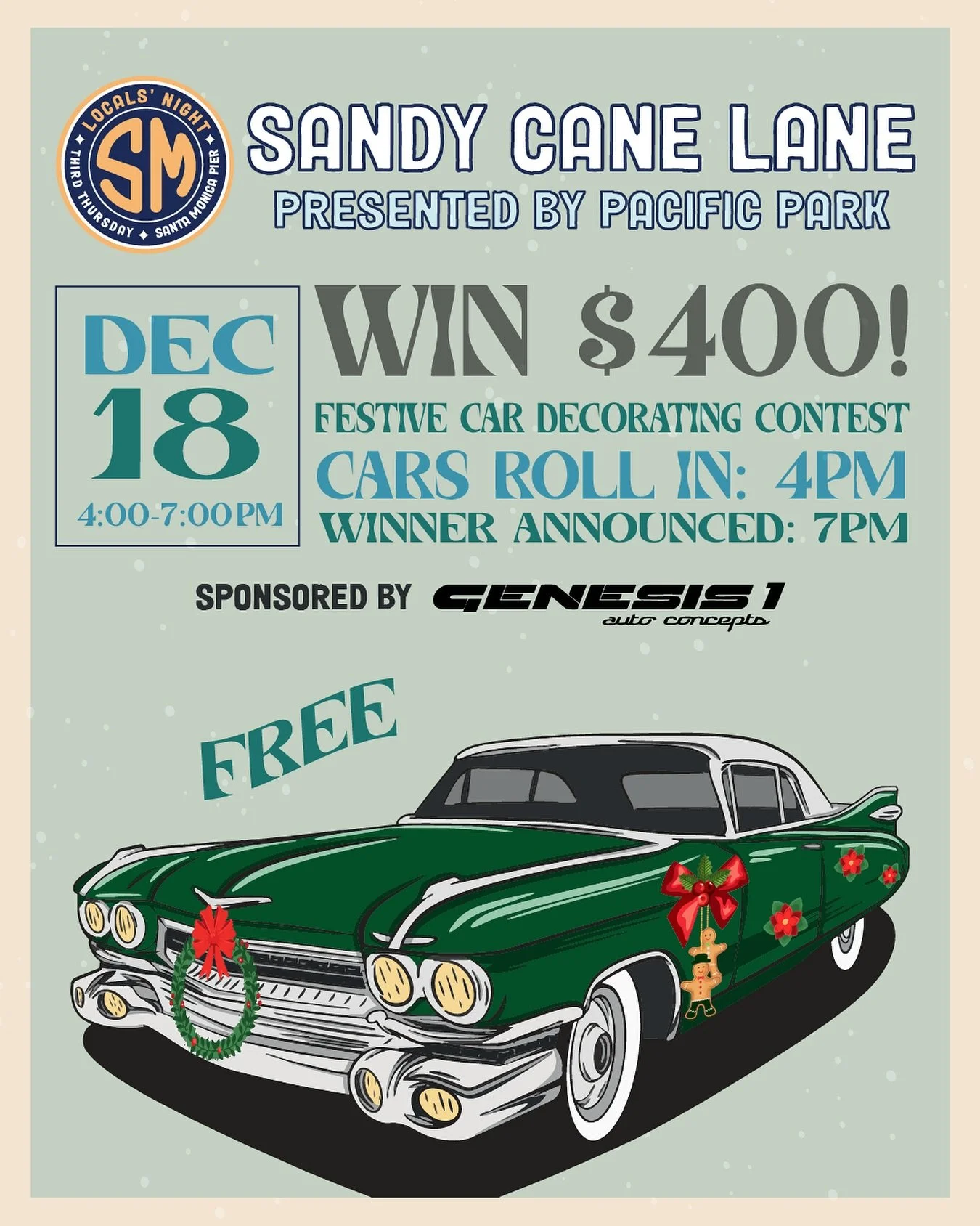Sandy Cane Lane returns THIS THURSDAY 12/18. Deck out your ride with holiday cheer for a chance to win a CASH PRIZE of $400 🚘🎄

- Free to enter
- Arrive to Pier Parking Deck by 4pm
- Winner announced at 7pm

Presented by @pacpark // Sponsored by @g