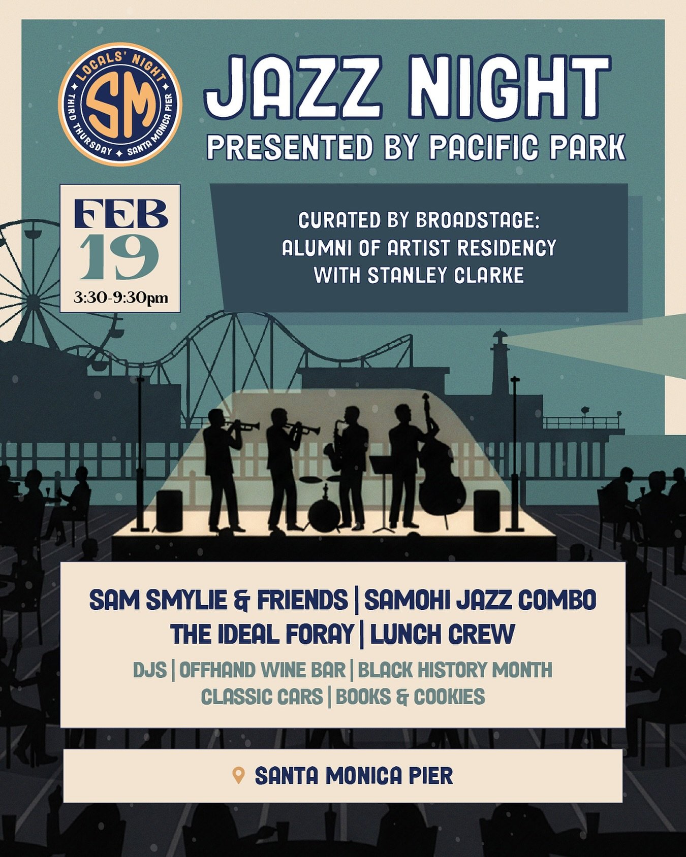 Swing by the Pier for Jazz Night 🎷
February 19 | 3:30-9:30pm | FREE

Incredible live jazz curated by Broadstage alumni of artist residency with @stanleyclarke featuring @ssmylie, SAMOHI Jazz Band, The Ideal Foray, and @lunchcrew24. 

DJs spinning se