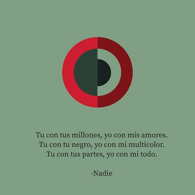 Tu con tus millones, yo con mis amores. Tu con tu negro, yo con mi multicolor. Tu con tus partes, yo con mi todo. -Nadie