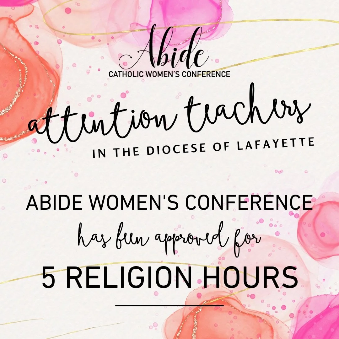 Attention Teachers in the Diocese of Lafayette: The Superintendent has approved this year&rsquo;s Conference for FIVE religion hours for your annual required hours. We hope to see many of you there!

TAG YOUR TEACHER FRIENDS BELOW

#abideinHim2026