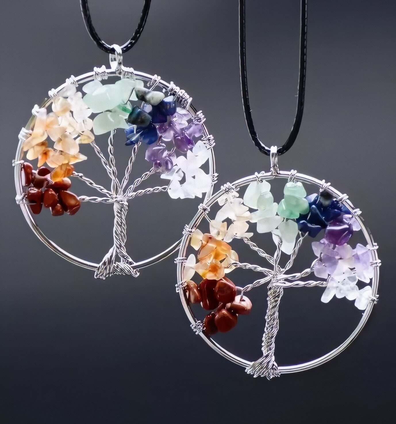 Tree of Life Flower Pendant Necklace Gemstone 7 Chakra Natural Crystal Stones