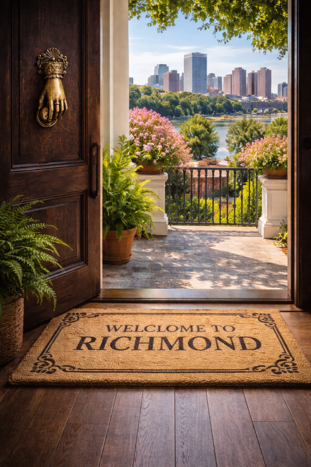 Open front door of a house with a welcome mat reading 'Welcome to Richmond,' leading to a balcony with pink flowering plants and a view of city skyline and river.