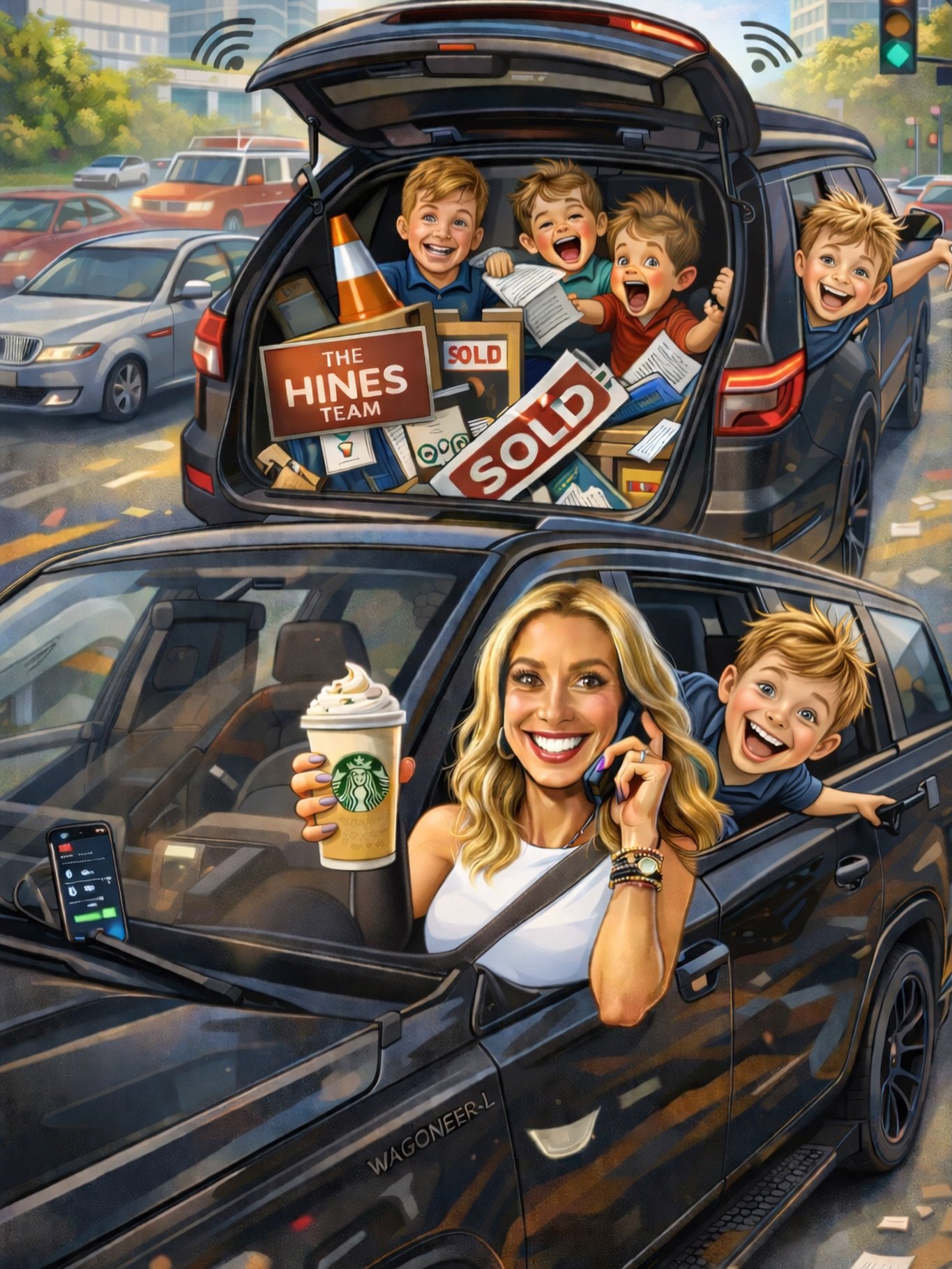 Someone asked me what life really looks like running a real estate team, raising three boys, and living out of my Jeep Wagoneer&hellip; so apparently ChatGPT decided to answer for me 😂🚙

✔️ Phone always ringing
✔️ Coffee always in hand
✔️ Kids hang