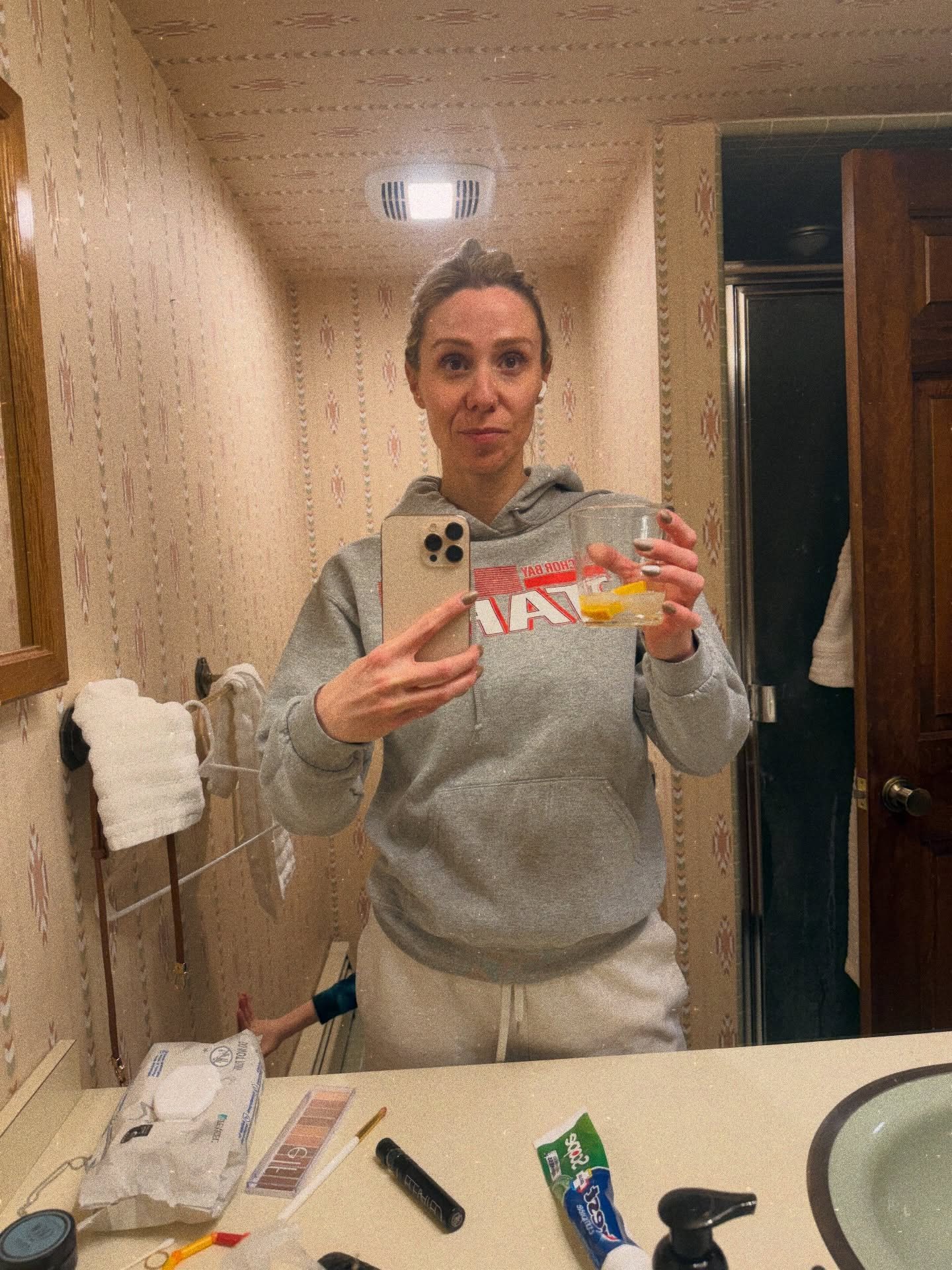 REAL TALK! 

People post the pictures in the fancy places, nicely decorated rooms of their house, in the best clothes with their hair and makeup done.

Showing their highlight reel. 

Here is my real life. My very not updated 1970s bathroom with a ph