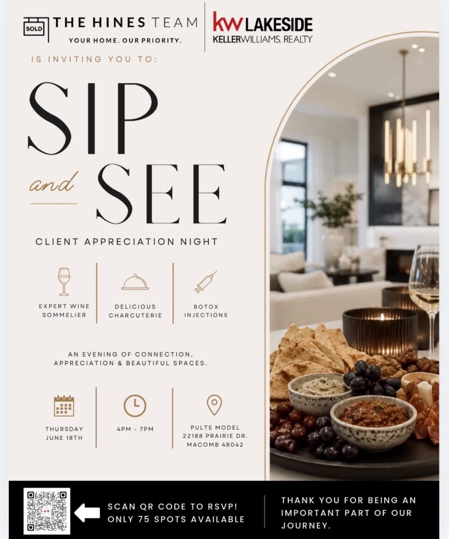 FRIENDS, FAMILY &amp; CLIENTS
✨ You&rsquo;re Invited! ✨

As a valued client, we&rsquo;d love for you to join us for our Sip &amp; See Client Appreciation Night! 🥂🏡

Enjoy an evening of great company, delicious charcuterie and wine tasting with an e