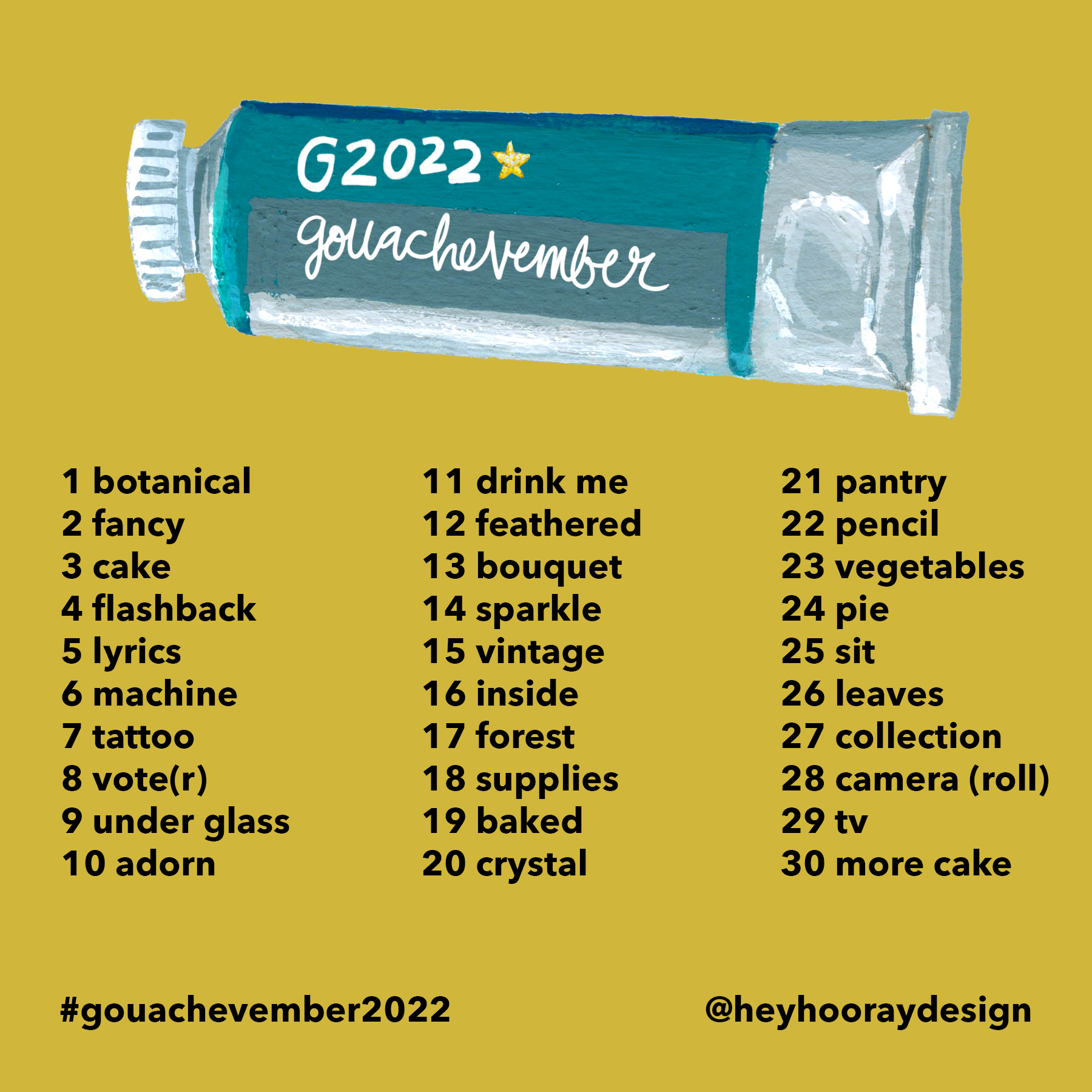 prompt list for Gouachevember 2022 daily painting challenge