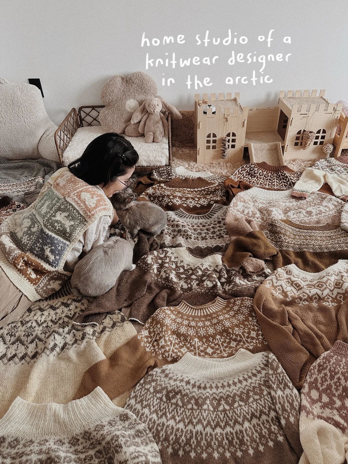 🐰🐻🍪🧺 did you spot the little boop on slide five? Welcome to the cozy corner glimpses of saskie &amp; co headquarters, where our knitwear designs and handmade goodies are created. I know the walls are bare but I can&rsquo;t decide seem to decide o