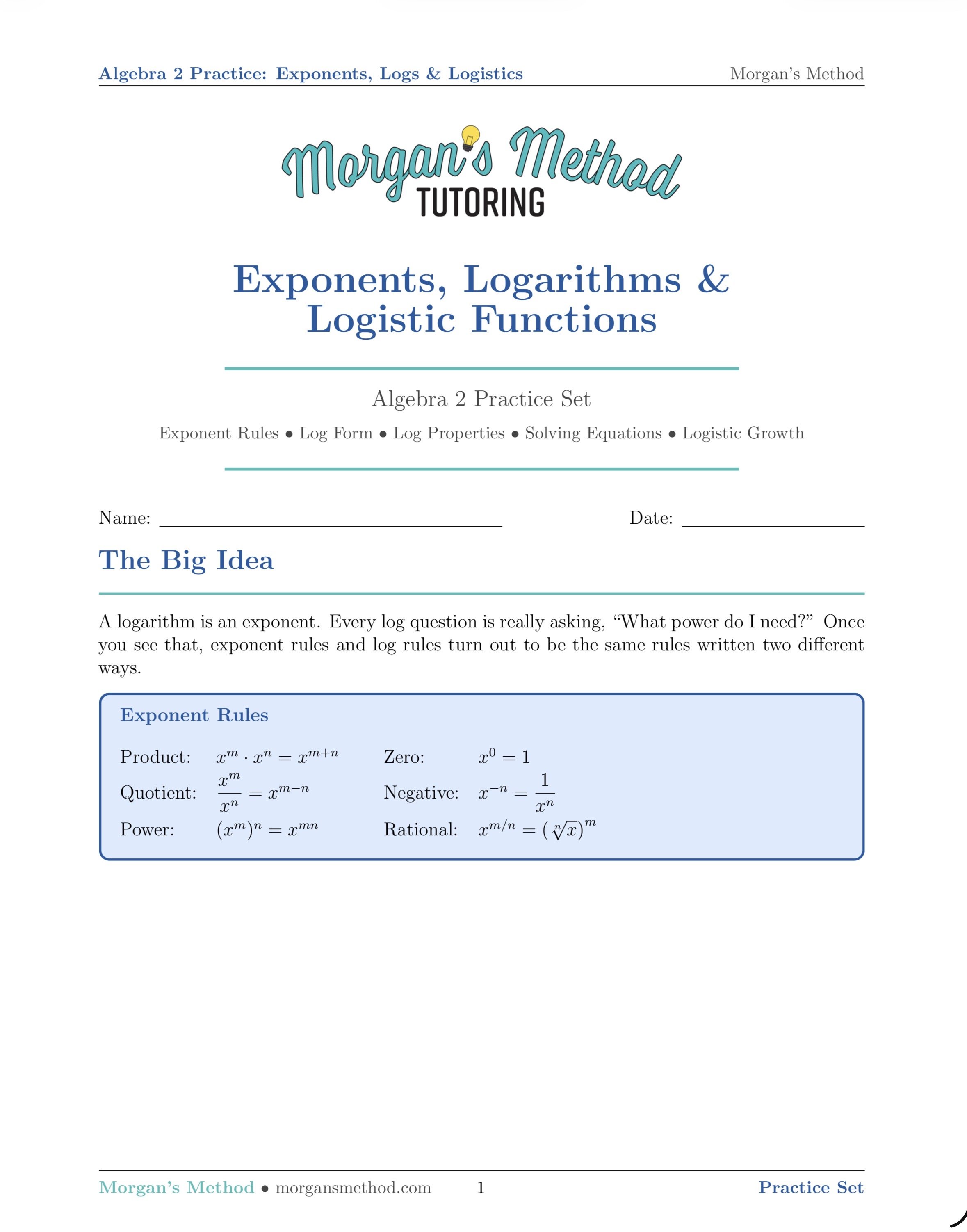 Exponents, Logs, and Logistic Functions Review