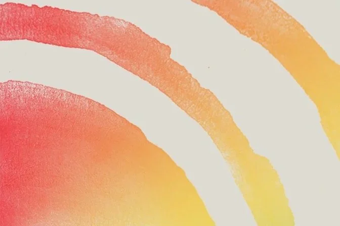 Abstract watercolor painting with red, orange, and yellow curved strokes.