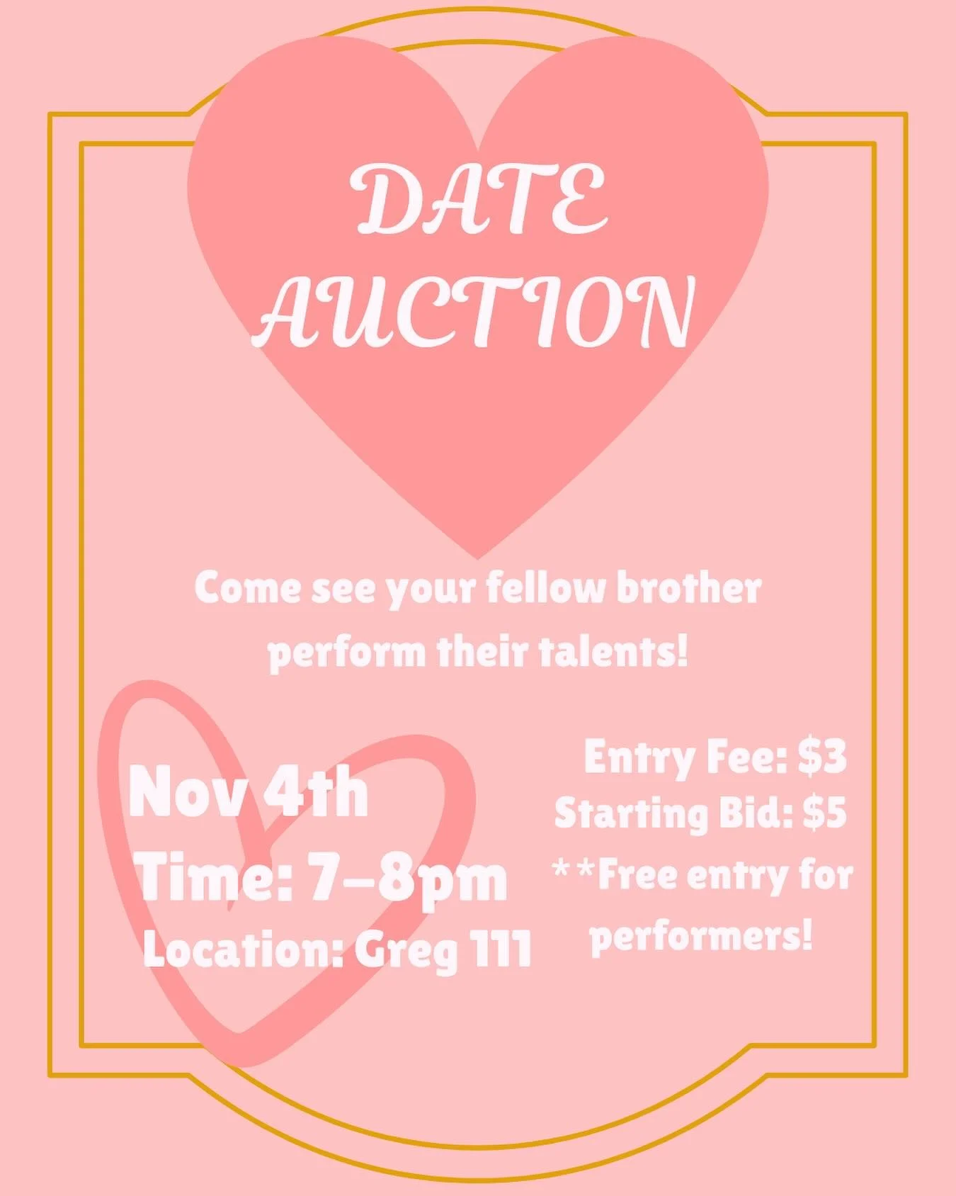 Come to Date Auction! Sign up on apo online to either be a performer or bidder. Bidders can also bid as a group! If you don&rsquo;t have a talent you would like to perform, we will have a random wheel of talents for you to choose from as well.