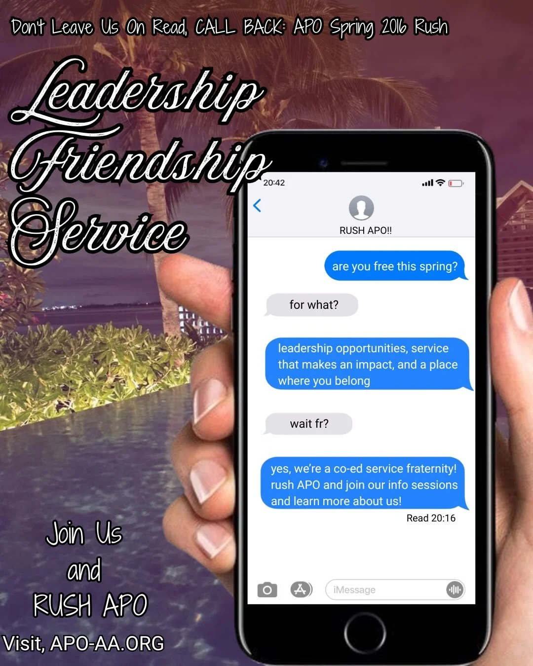 Don&rsquo;t leave us on read, Join our info sessions!

Alpha Phi Omega is a co-ed service fraternity built on leadership, friendship, and service. Rushing APO is a chance to give back to your community, grow as a leader, and find a group of people wh
