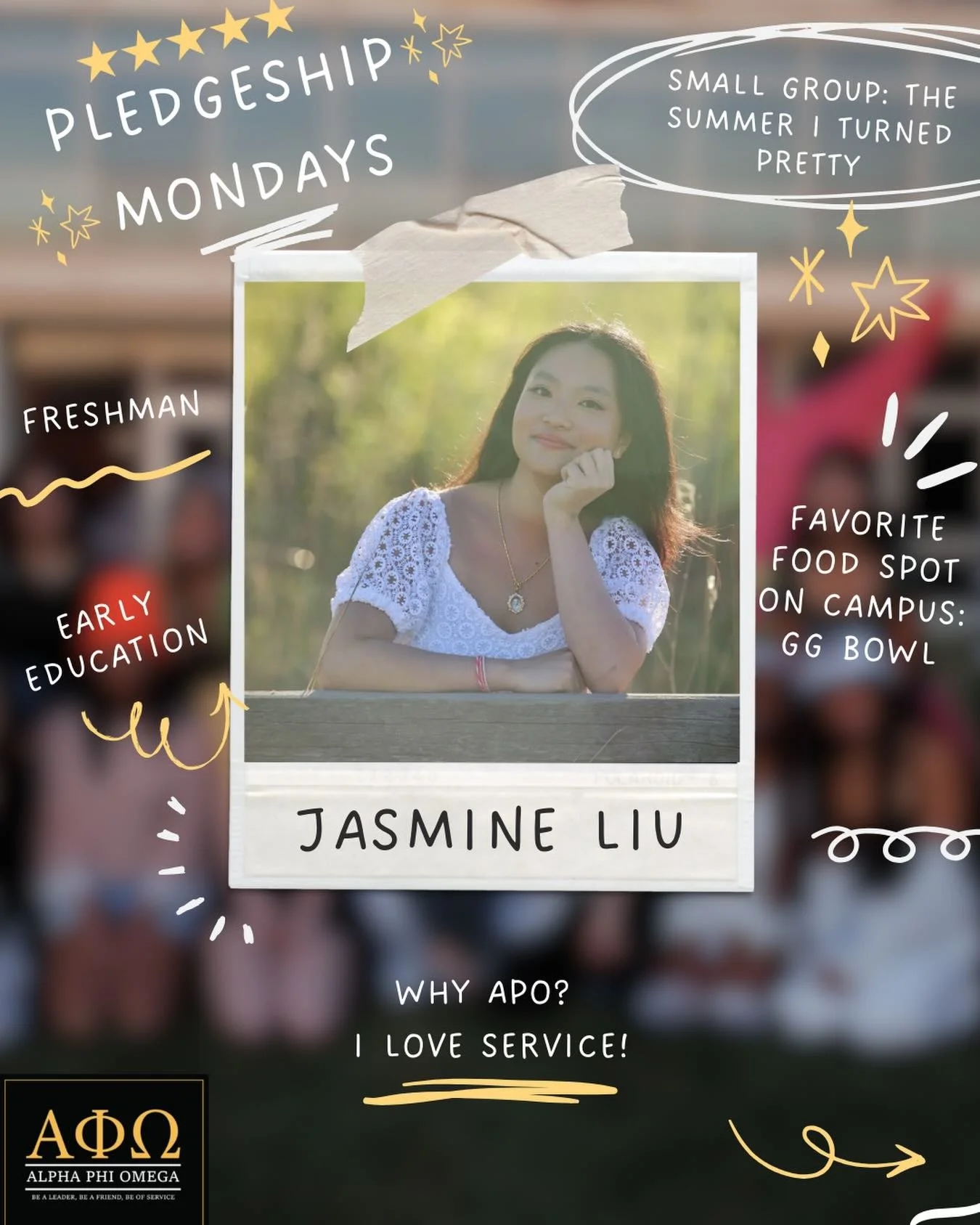 It&rsquo;s our FIRST Pledgeship Monday! 💫

Help us welcome Jasmine Liu, one of our new pledges joining the APO family this semester! 🤩

With a love for service and GG Bowl runs on campus, we can&rsquo;t wait to make great APO memories during this a