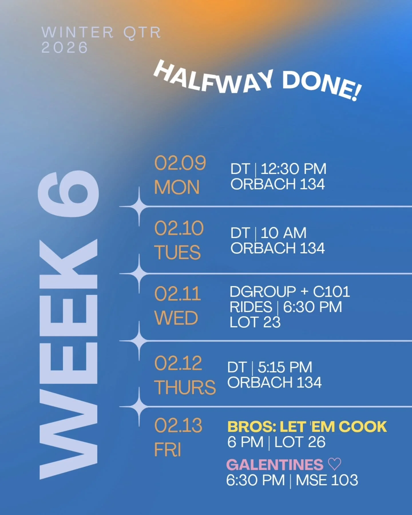 Halfway done with the quarter, yall are doing amazing 💪🏼!! Come wind down with us at the end of the week with either Galentines (for the girls) or Let 'em Cook (for the bros) 🙂&zwj;↕️
Hope to see you there 😁!!!

#acts2fellowship #a2friverside #li