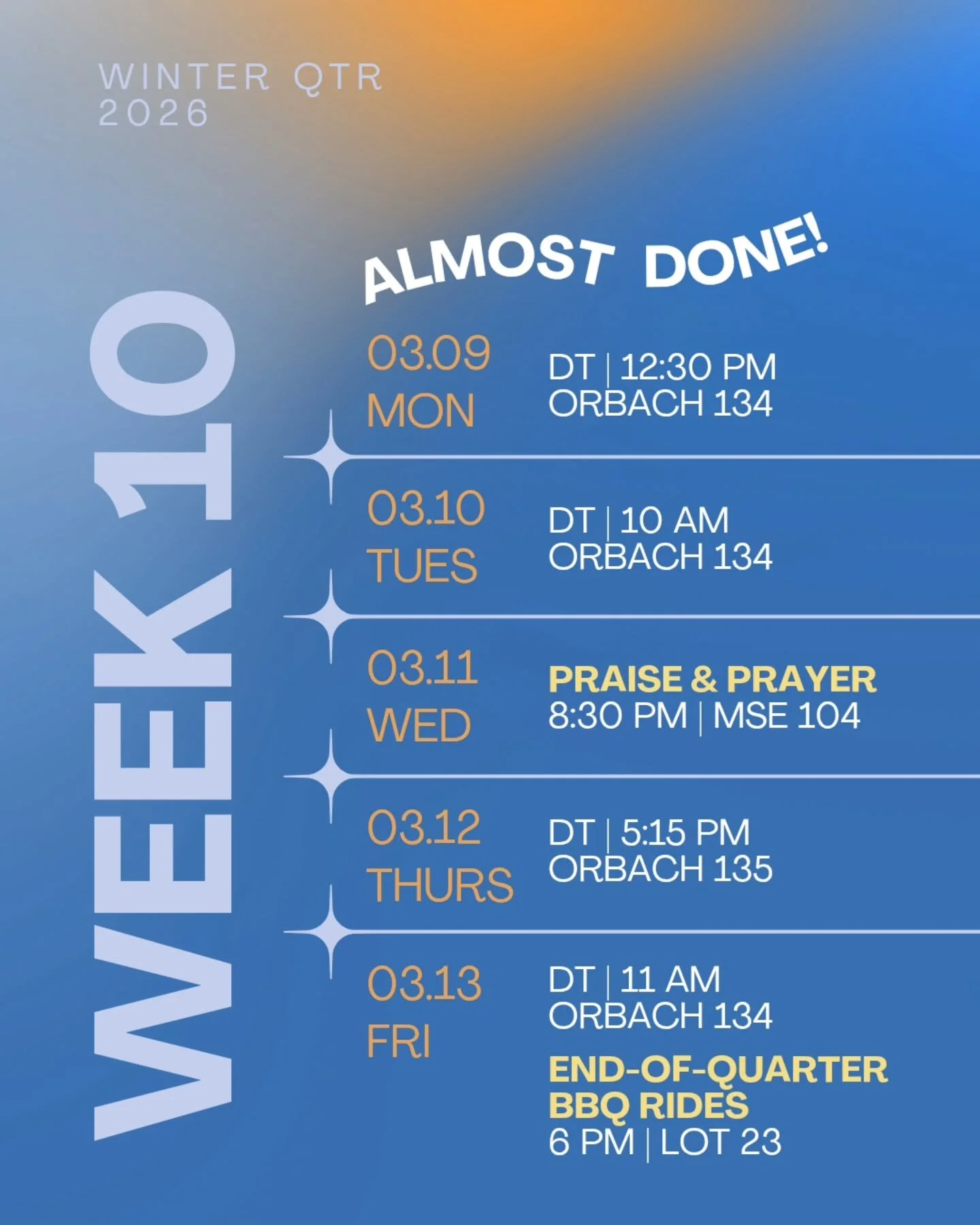 🌿 Recharge your soul at Praise &amp; Prayer night this Wednesday, preceded by optional space to study at 6pm (with snacks!) at MSE, exact room TBD :) 

Also...
We're having an overnight adventure to Santa Barbara 🏖🍦! We'll stay with our friends at