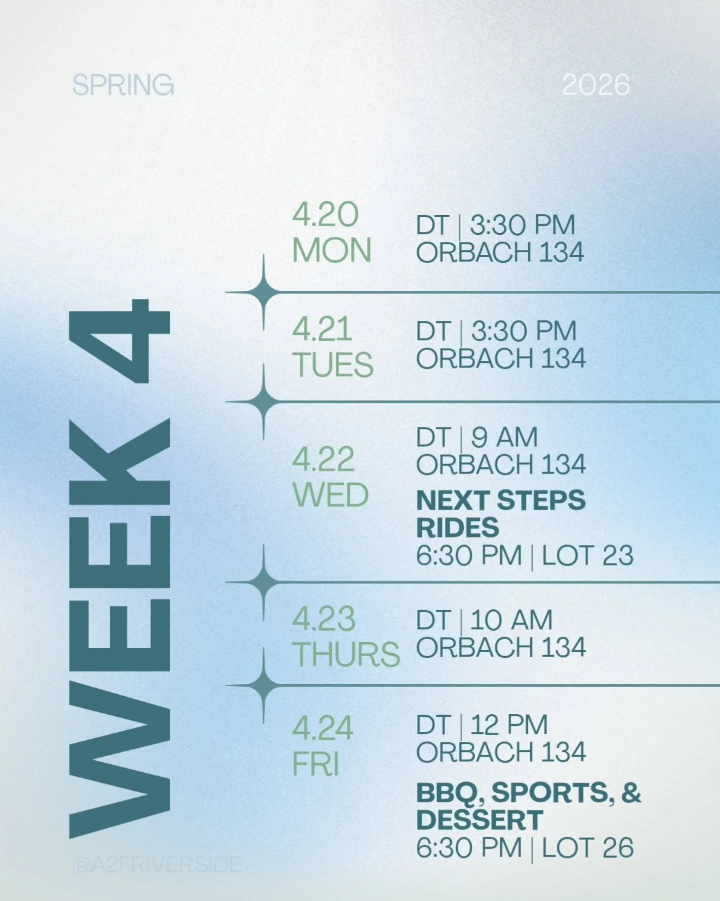 Week 4! 🥁
New week, new chance to dive into Bible studies at orbach 😁📘 hope to catch yall at Next Steps or hanging with us at Lot 26 on Friday too!

Good luck on any midterms this week 🫡 we got this!

#a2friverside #acts2fellowship #ucriverside #