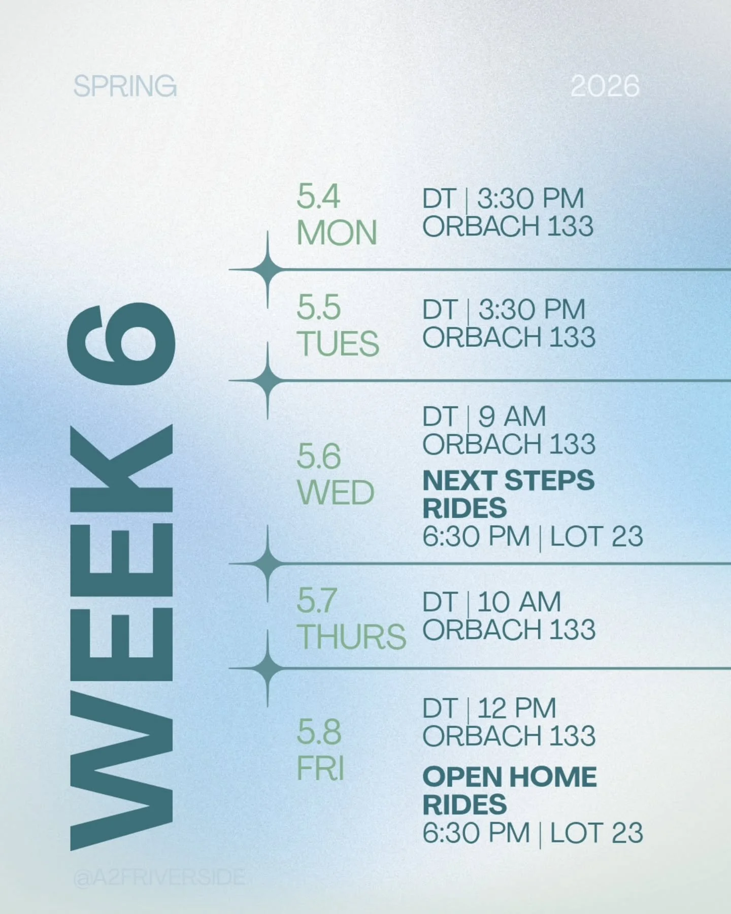 Pretty standard week, but two things to note:
1. Orbach rooms for DT are now 133 📖
2. Open Home will have an optional session on how to get an internship 🤝🏼!

More than halfway done with the quarter, we got this ✨️!!

(sorry, had to repost because
