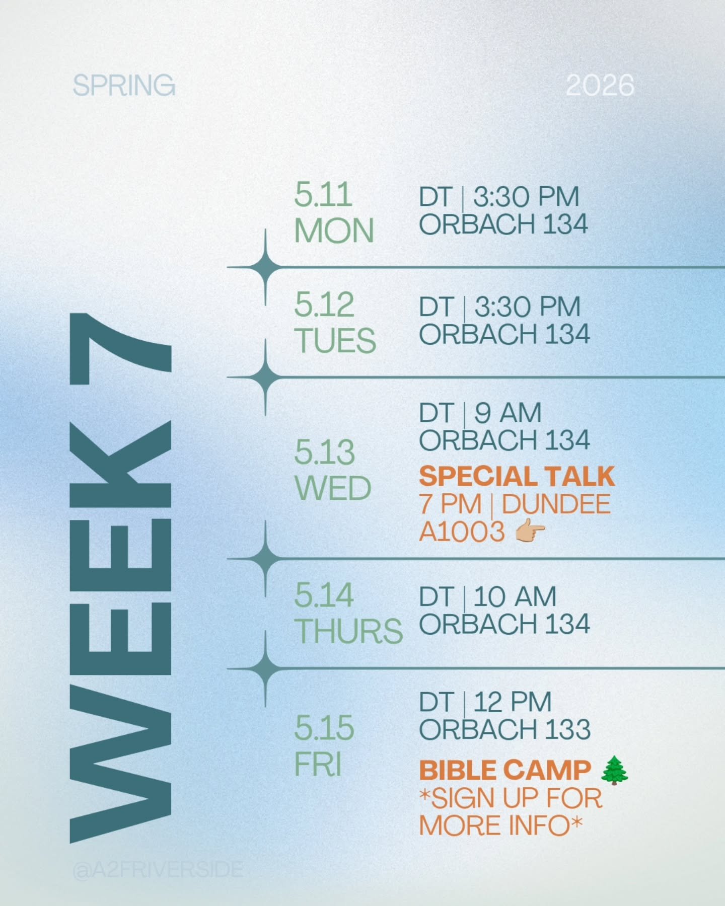 Got a lot going on 🥁!!
We'd love to see you come thru this week🏃

P.S. it's not too late to sign up for our ephesians bible camp 🌲

#a2friverside #acts2fellowship #ucriverside
#ucr #christianclub