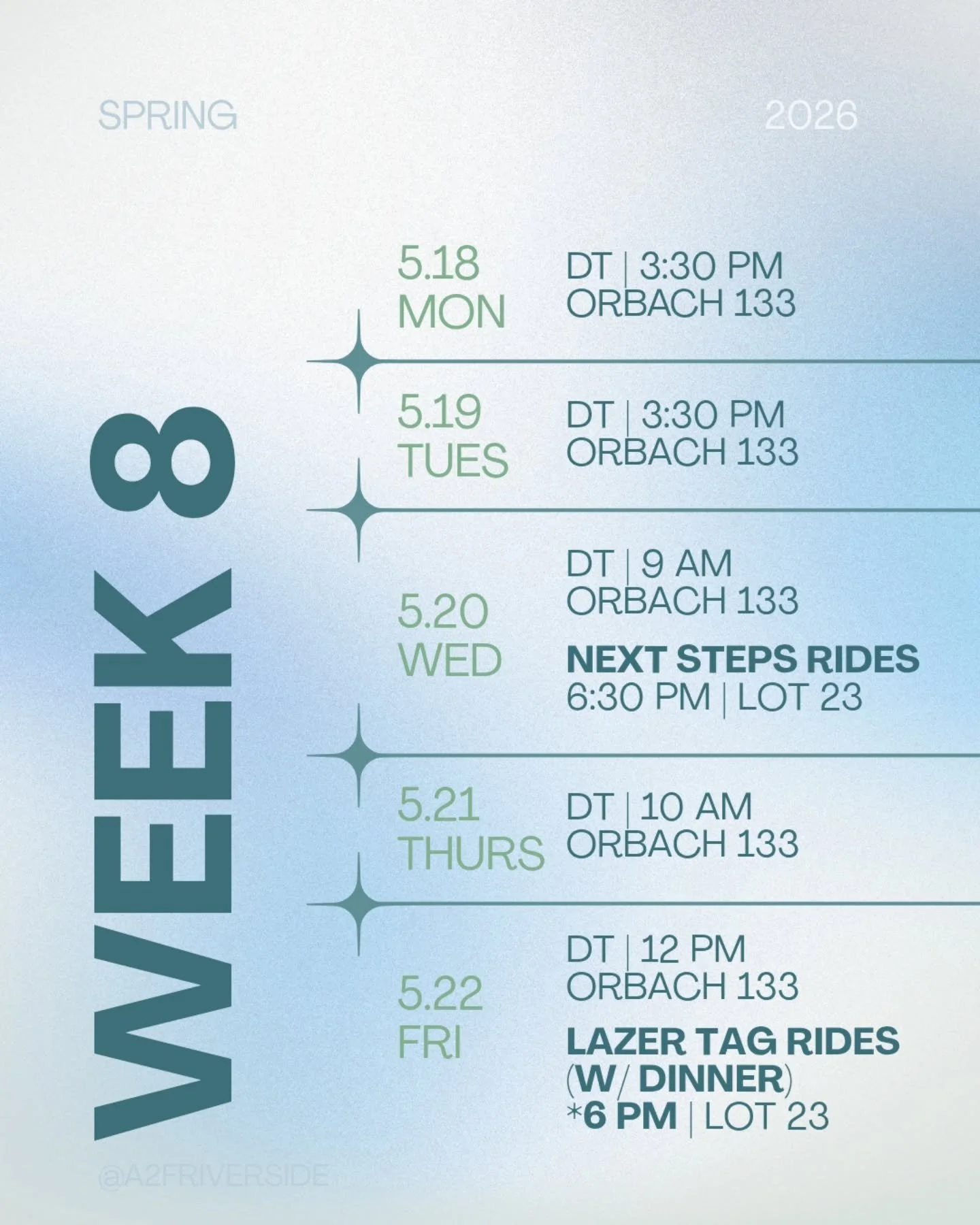 Happy monday!

Just wanna highlight our FINAL Next Steps/D-Group for the quarter 🤧
We will also have a fun outing on Friday for lazertag! Feel free to meet us at Lot 23 for some 🍕 at 6 pm, but we will start heading out at 6:30!

As always, we are r