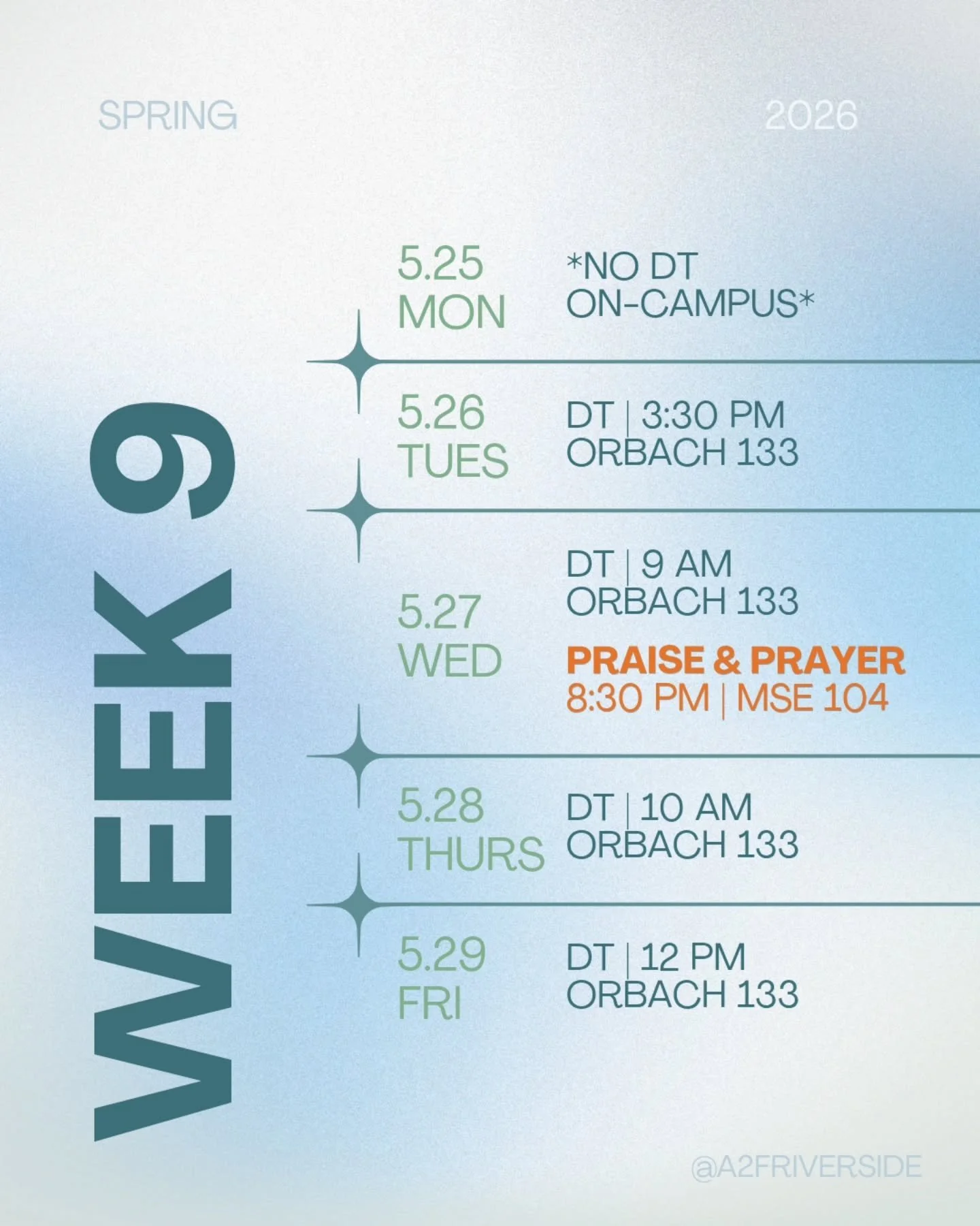 Week 9 deets 🙌🏼
Take care of your soul at praise and prayer night 🌱 decompress in the midst of midterms and projects while spending some time with God through worship songs + prayer time!

#a2friverside #acts2fellowship #ucriverside #ucr #acts2col