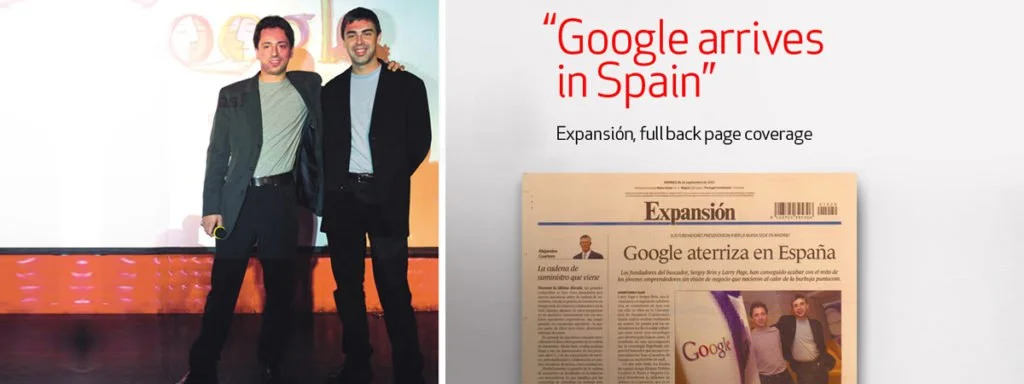 Google launch in Spain with founders at the Madrid event and Expansión press coverage announcing Google’s arrival in the Spanish market.
